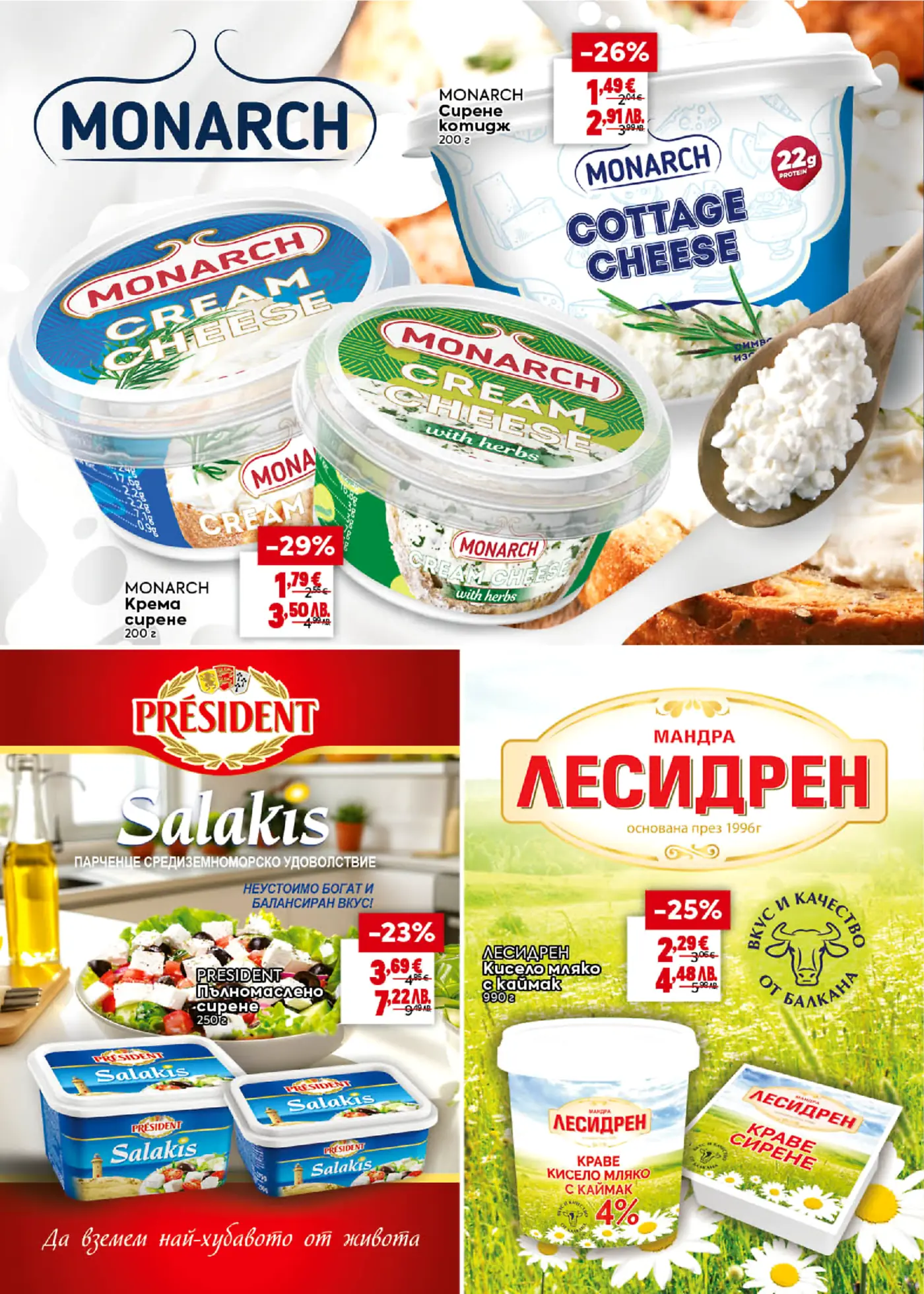 Брошурна страница, показваща асортимент от млечни продукти: сирене котидж Monarch, крем сирене Monarch, сирене фета President Salakis и кисело мляко с каймак Лесидрен. Всички продукти са с изрично посочени намалени цени в евро, като на фона се виждат свежи съставки и природа.