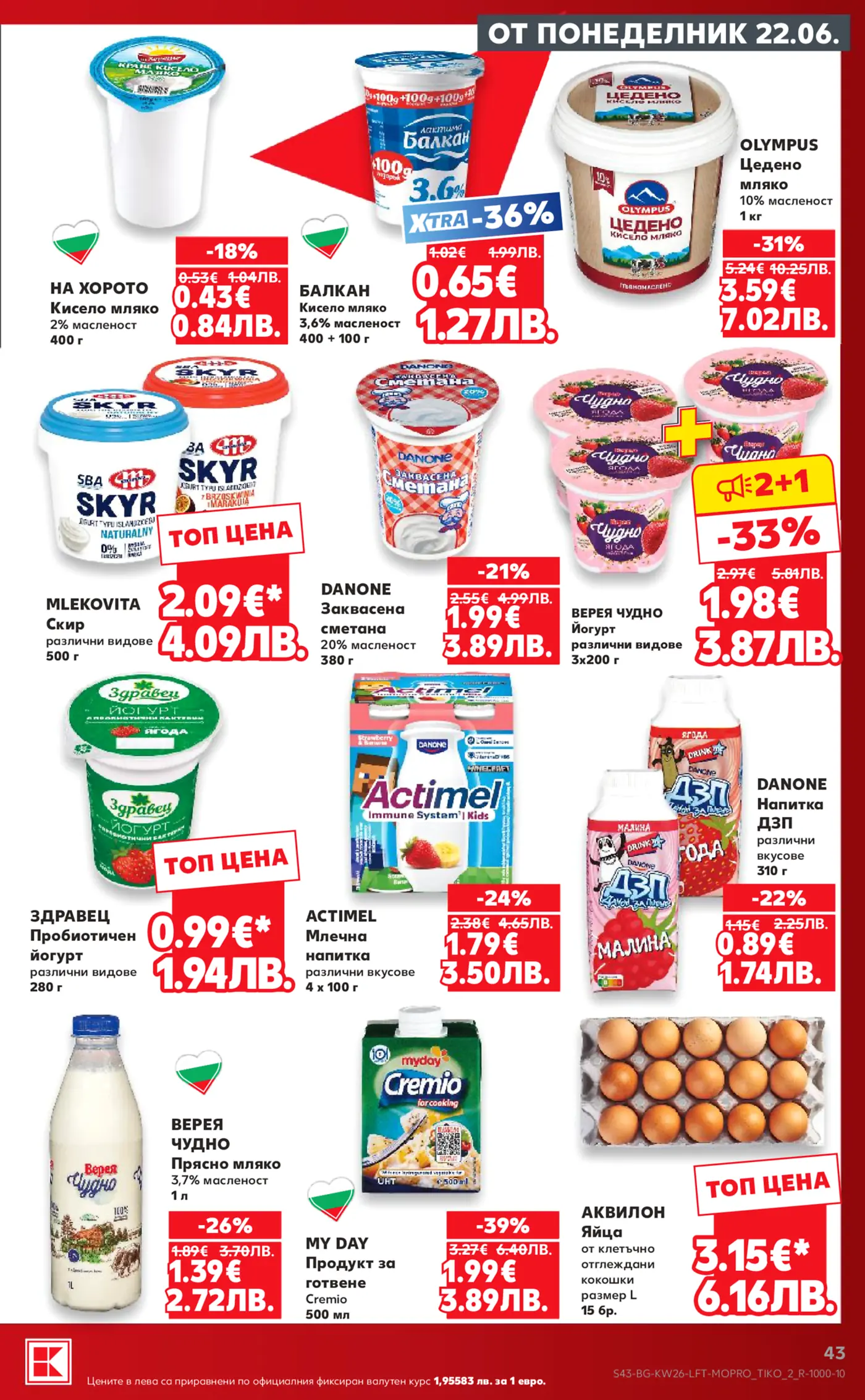 Страница от брошура на Kaufland с промоции на млечни продукти, йогурти, сметана, млечни напитки и яйца, валидни от понеделник 22.06. Включва марки като На Хорито, Балкан, Olympus, Mlekovita, Danone, Верея Чудно, Здравец, Actimel, My Day и Аквилон.