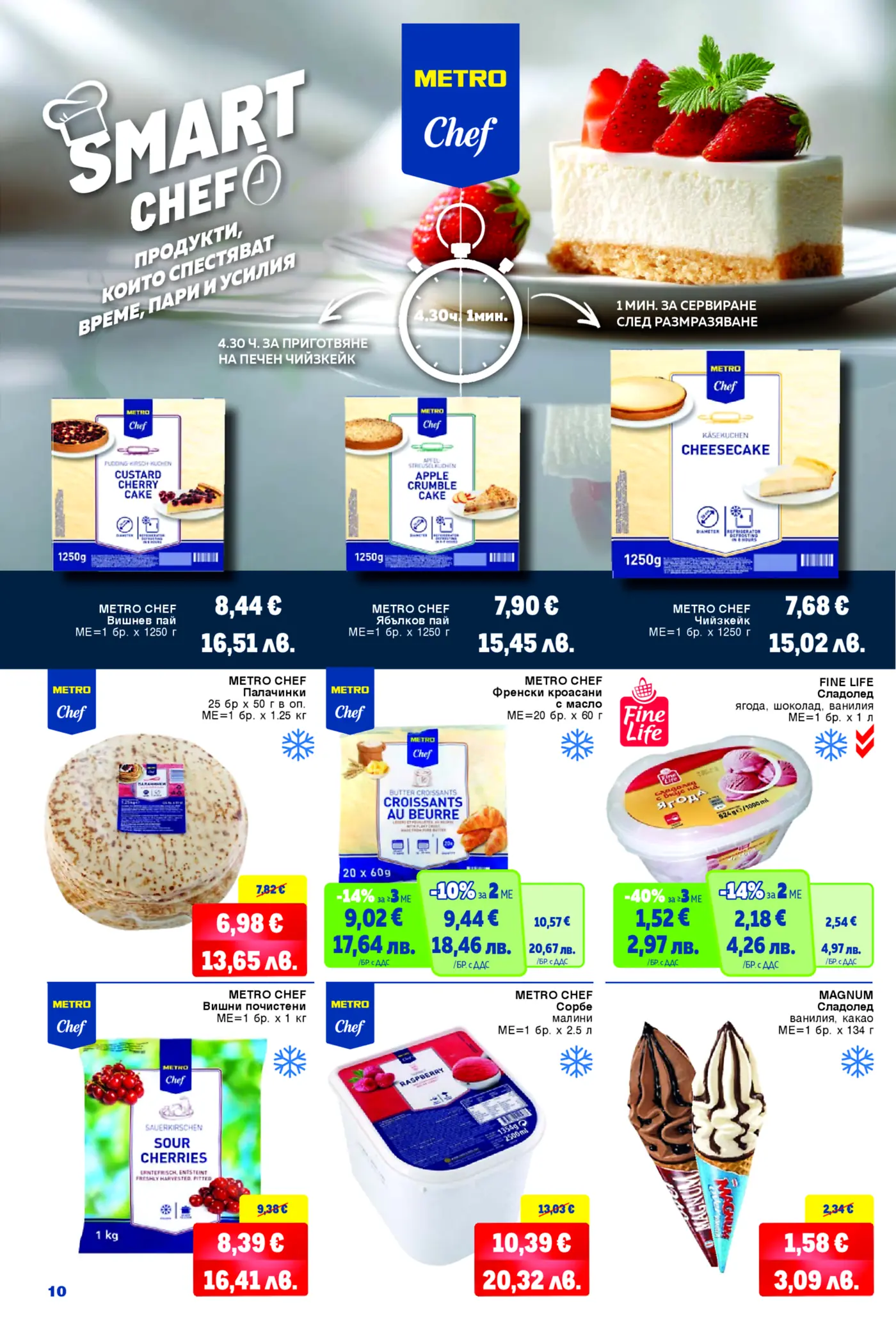 Страница от брошура на METRO Chef "Smart Chef" с торти, десерти, палачинки, кроасани, сладолед и плодове. Продукти за лесно и бързо приготвяне, спестяващи време и усилия.