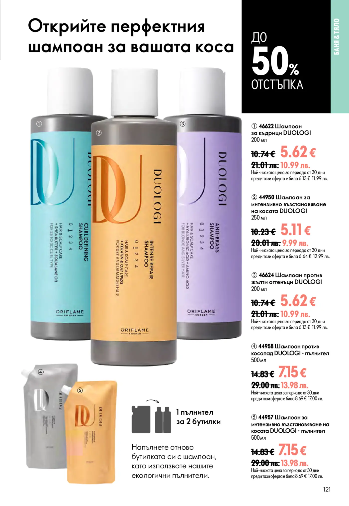 Страница от брошура на Oriflame, представяща серията DUOLOGI шампоани и пълнители. Изобразява три бутилки шампоан за къдрици, интензивно възстановяване и против жълти оттенъци, както и два пълнителя. Предлага се отстъпка до 50%, с цени в евро за всеки продукт.