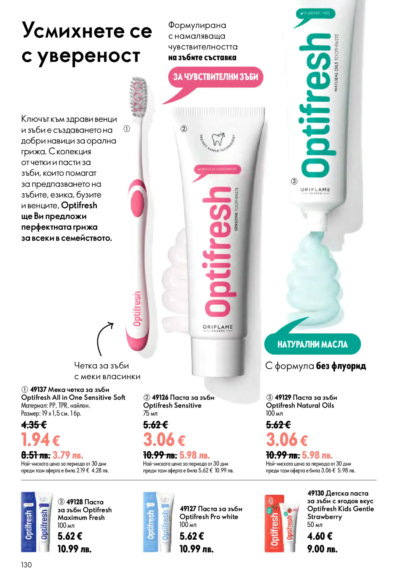 Рекламна страница на Oriflame Optifresh, показваща асортимент от продукти за орална хигиена: мека четка за зъби Optifresh All in One Sensitive Soft, пасти за зъби Optifresh Sensitive, Natural Oils, Maximum Fresh, Pro White и детска паста Optifresh Kids Gentle Strawberry. Акцент върху формули за чувствителни зъби, натурални масла и грижа за цялото семейство.