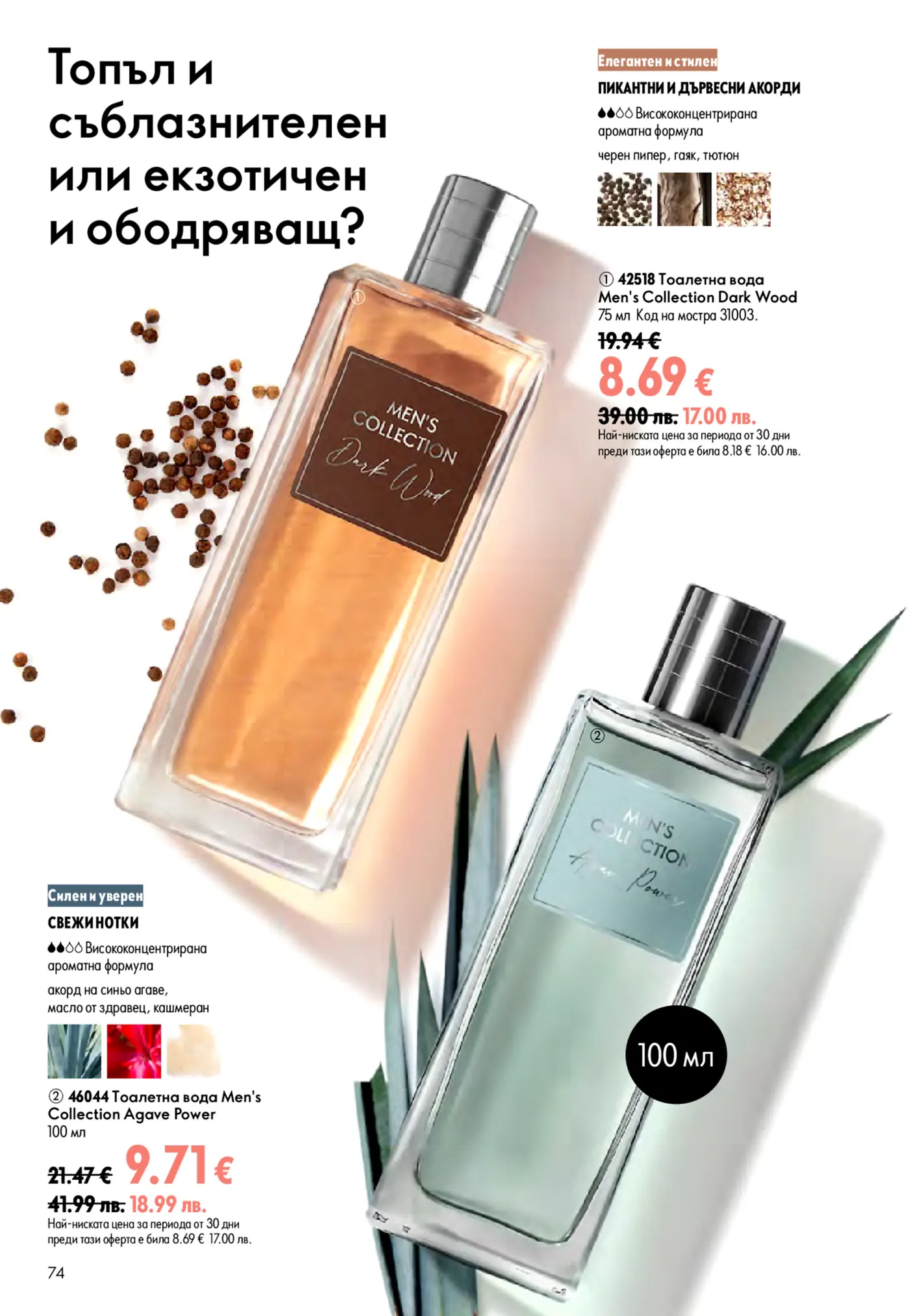 Страница от брошура, показваща две мъжки тоалетни води: Men's Collection Dark Wood с топъл, пикантен и дървесен аромат (черен пипер, гваяк, тютюн) и Men's Collection Agave Power със свежи нотки (синьо агаве, здравец, кашмеран).