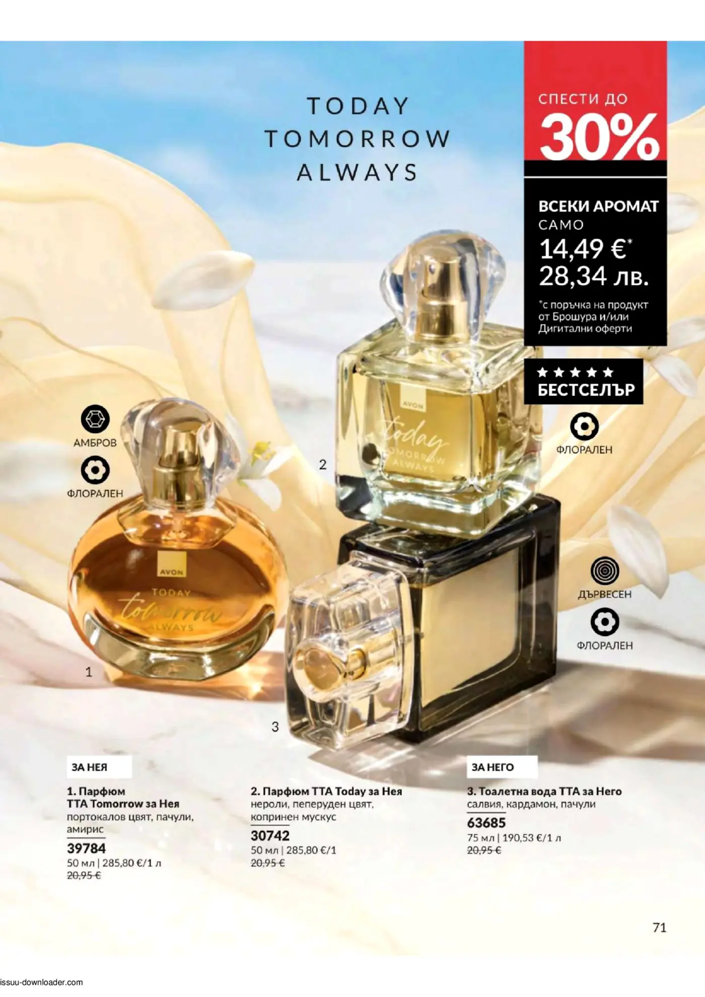 Страница от брошура на Avon, представяща колекцията парфюми 'Today Tomorrow Always'. Изобразени са три флакона с аромати – два дамски и един мъжки – с подробно описание на съставките, обем и цена. Има акцент върху промоция 'Спести до 30%'.