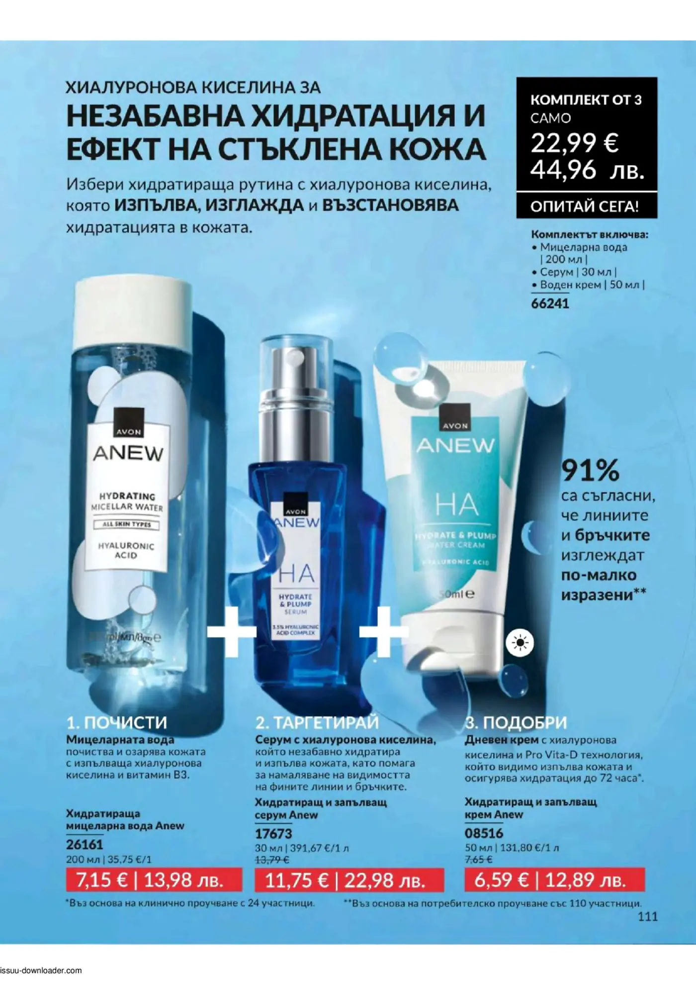 Рекламна страница за продуктите Avon Anew с хиалуронова киселина, показваща мицеларна вода, серум и дневен крем, с фокус върху постигането на 'стъклена кожа' и намаляване на бръчките. Включва и промоционална оферта за комплект от трите продукта.