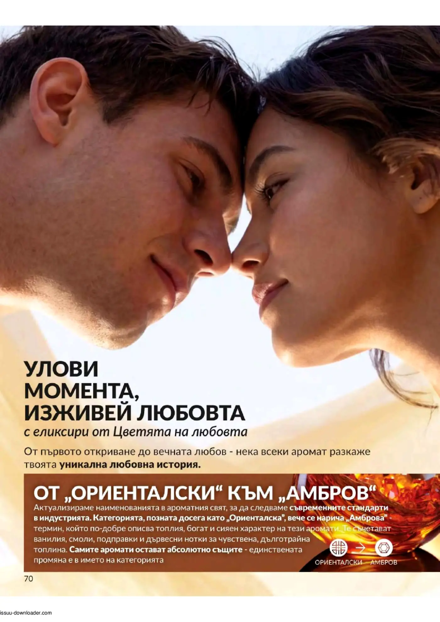 Интимен кадър на мъж и жена, гледащи се в очите, символизиращ любов и нежност. На страницата се приканва да се 'уловят моменти' и да се 'изживее любовта' с аромати, като се описва преходът от категория 'Ориенталски' към 'Амбров' в света на парфюмерията, характеризирани с топли, богати и дълготрайни нотки като ванилия, смоли, подправки и дървесни акорди.