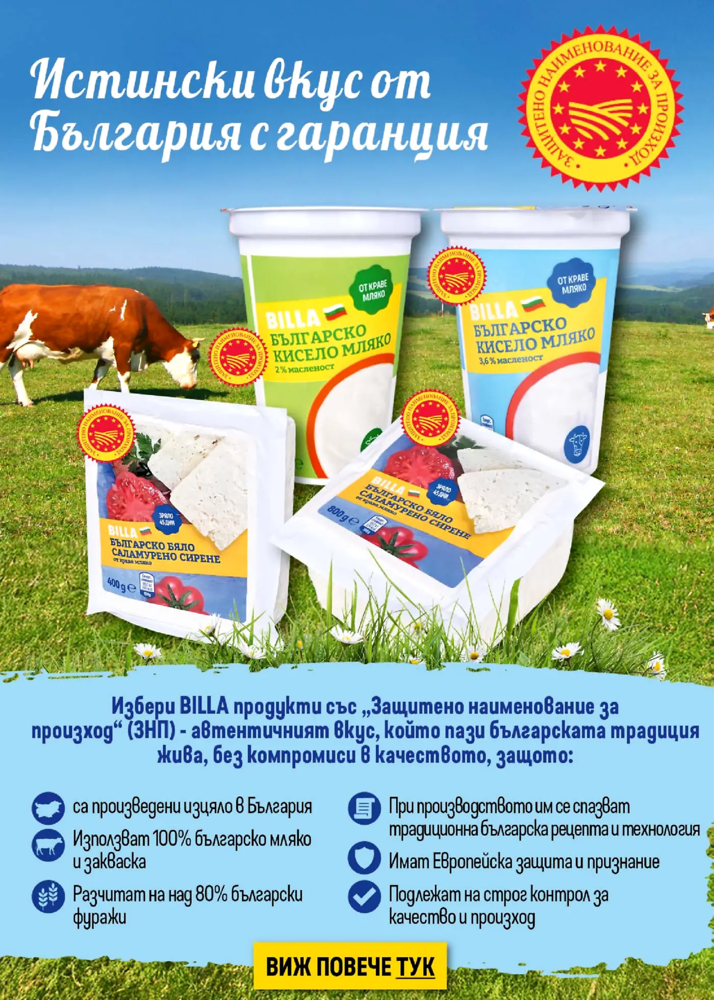 Рекламна брошура на Billa за български млечни продукти със защитено наименование за произход, включваща кисело мляко и бяло саламурено сирене, на фона на пасторален пейзаж с крава.