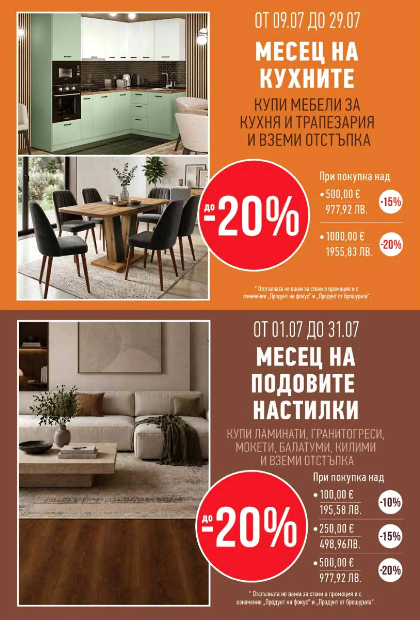 Рекламна брошура за месец юли с актуални оферти. Включва секция „Месец на кухните“ с изображение на модерна зелена и бяла кухня, както и трапезария с дървена маса и столове. Представени са отстъпки до 20% при покупка на мебели за кухня и трапезария. Втората секция е „Месец на подовите настилки“, показваща интериор на всекидневна с диван, масичка за кафе и различни подови покрития. Предлагат се отстъпки до 20% за ламинати, гранитогреси, мокети, балатуми и килими.
