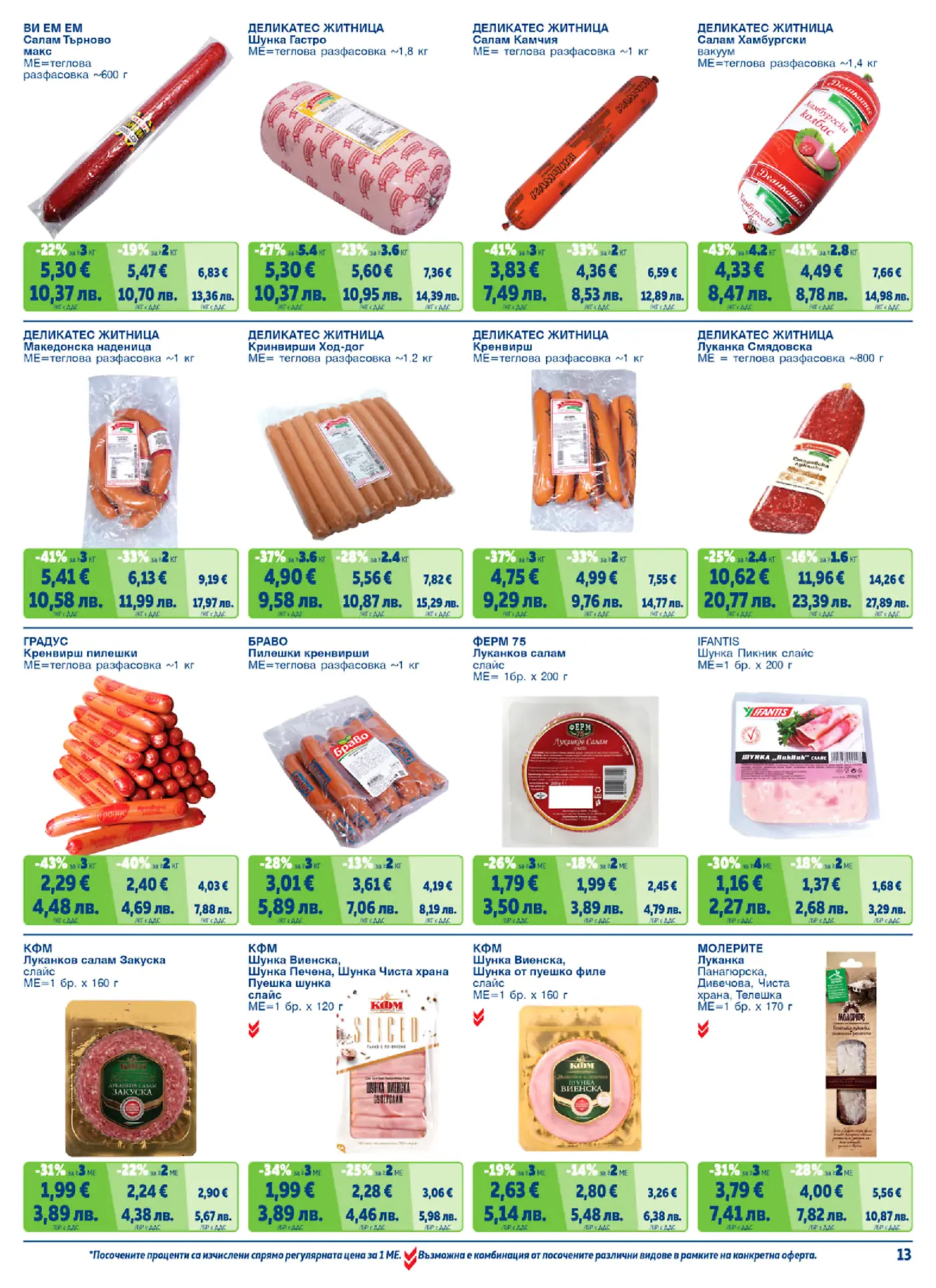 A brochure page displaying various meat and deli products from brands like ВИ ЕМ ЕМ, ДЕЛИКАТЕС ЖИТНИЦА, ГРАДУС, БРАВО, ФЕРМ 75, IFANTIS, КФМ, and МОЛЕРИТЕ. Products include different types of salamis, hams, sausages, frankfurters, and sliced deli meats, with prices listed in Euro and Bulgarian Leva, often showing discounted rates for bulk purchases or multiple units.