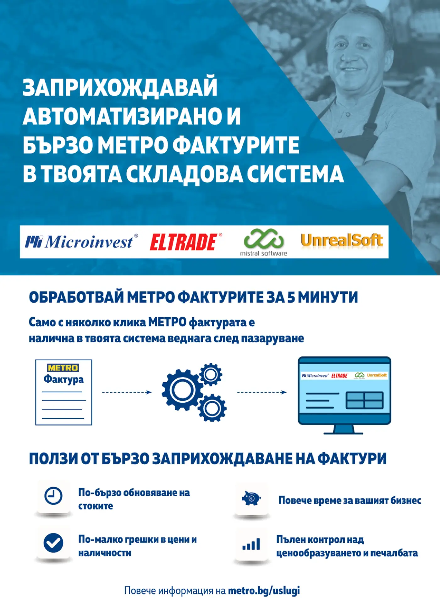 Брошура от МЕТРО за автоматизирано и бързо прихождаване на фактури в складова система. Изображението показва процеса, ползите и логата на партньорски софтуерни компании като Microinvest, ELTRADE, Mistral Software и UnrealSoft, с усмихнат търговец на заден план.