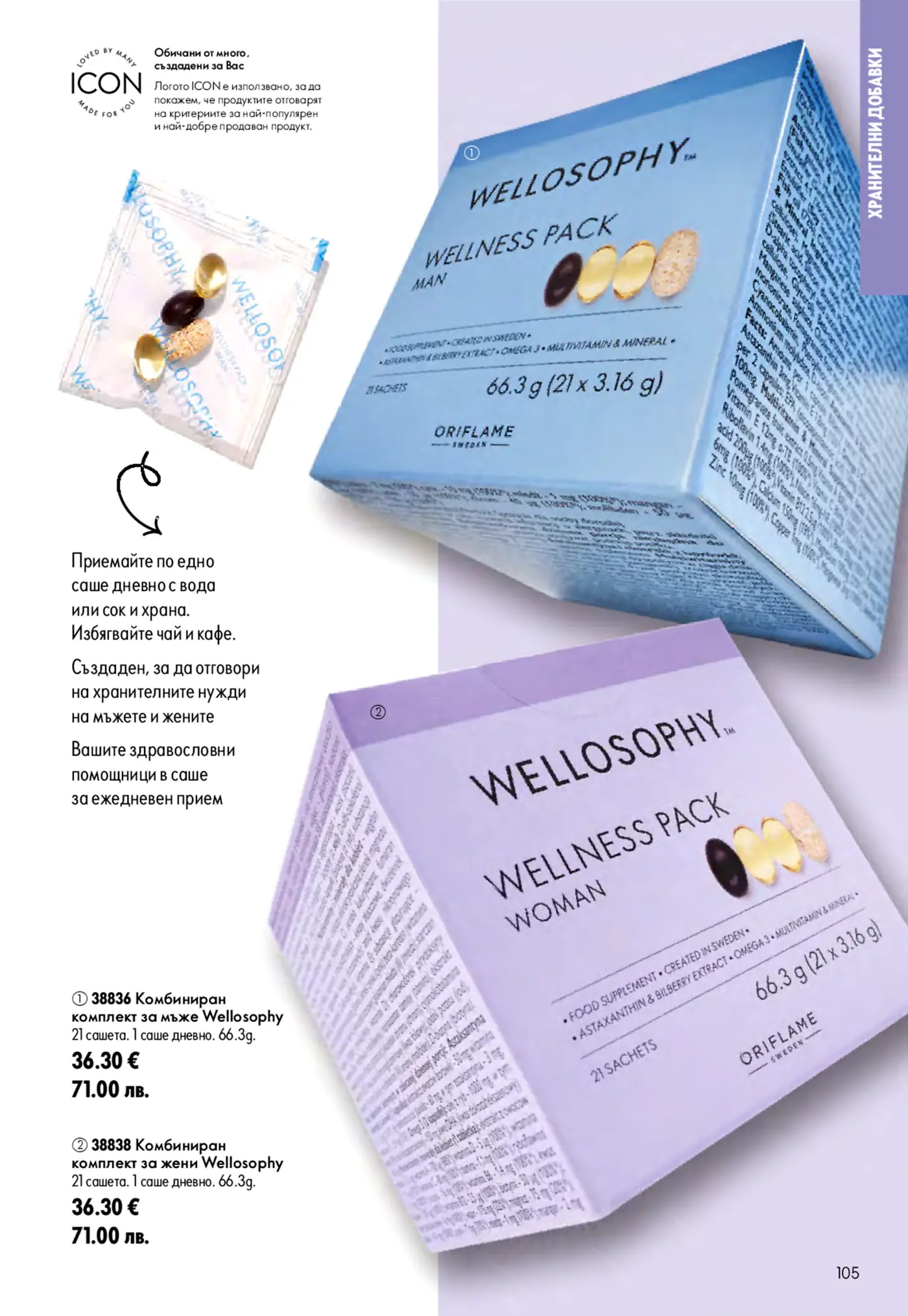 Страница от каталог на Oriflame с хранителни добавки Wellosophy Wellness Pack за мъже и жени