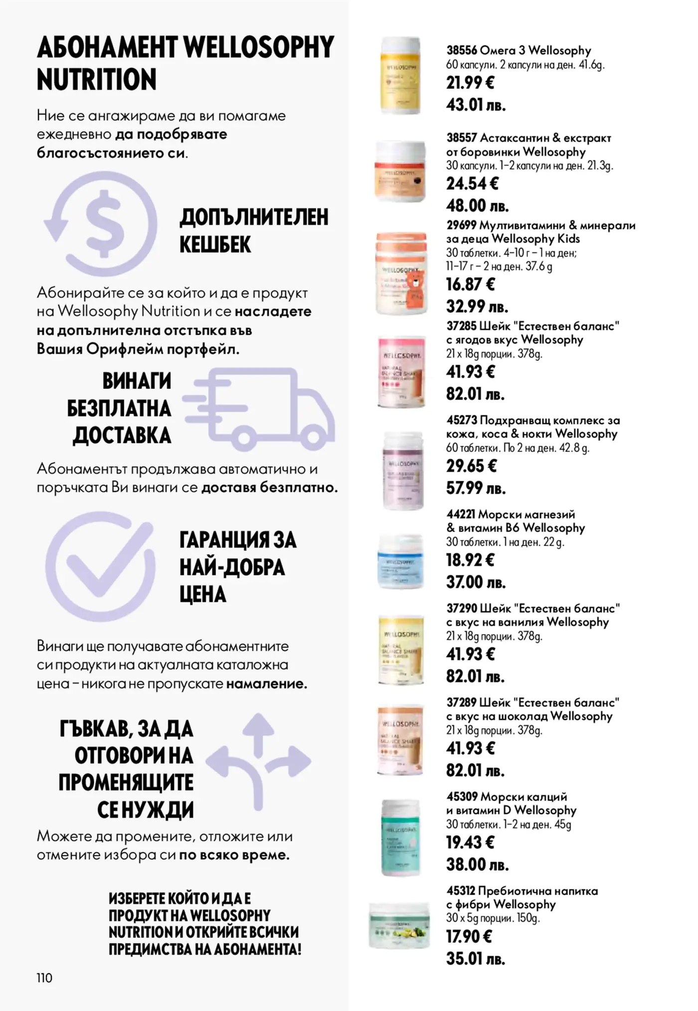 Страница от каталог на Орифлейм с абонамент за хранителни добавки Wellosophy Nutrition