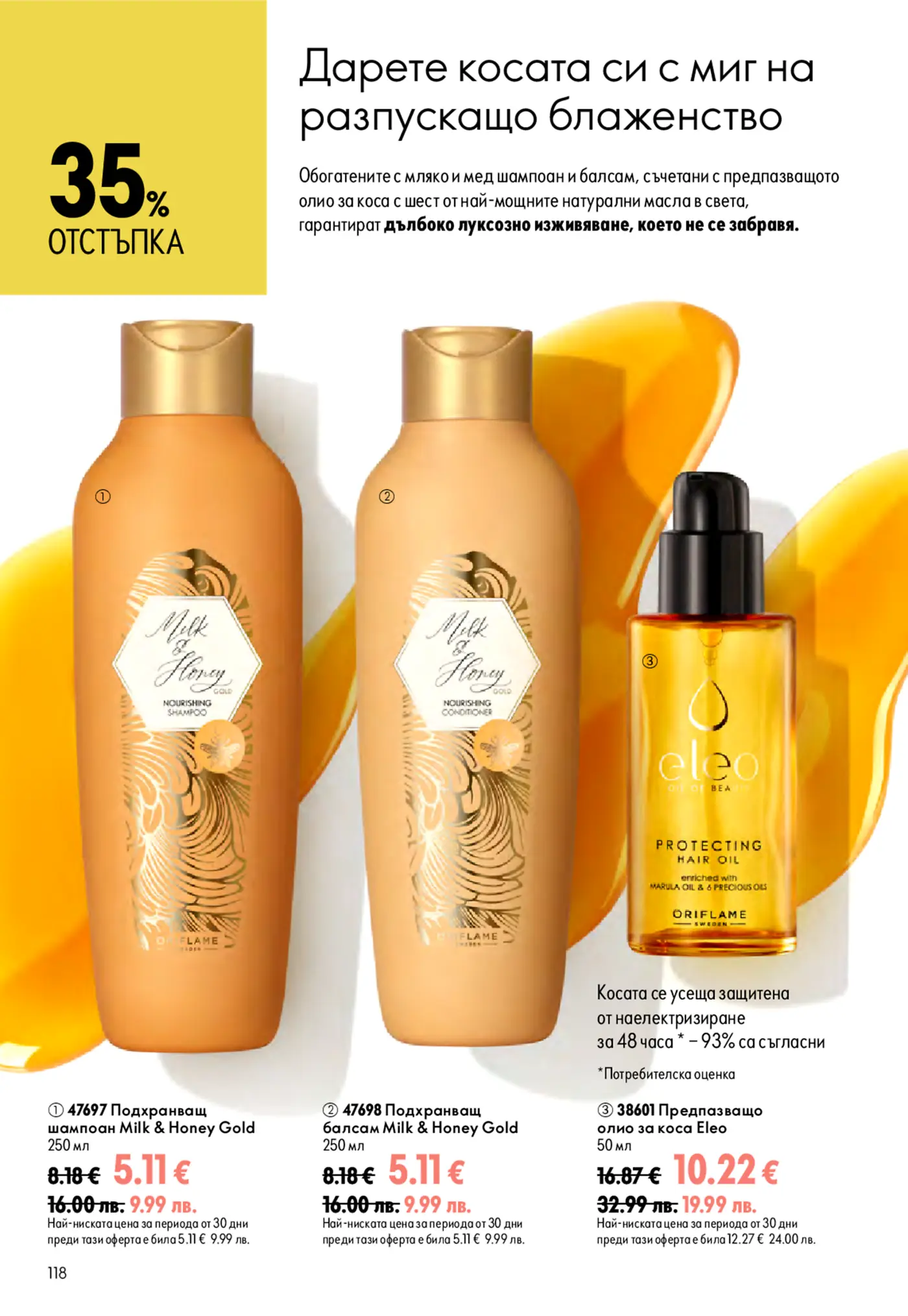 Страница с промоция на козметични продукти за коса Oriflame Milk & Honey и Eleo