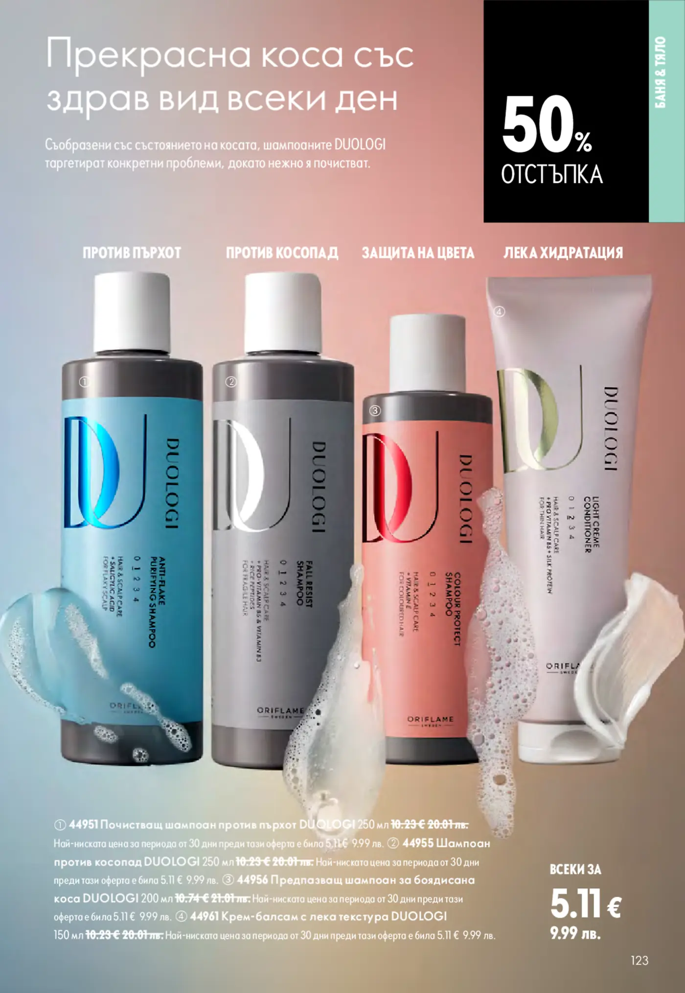 Страница от каталог Oriflame с продукти за коса DUOLOGI с 50% отстъпка