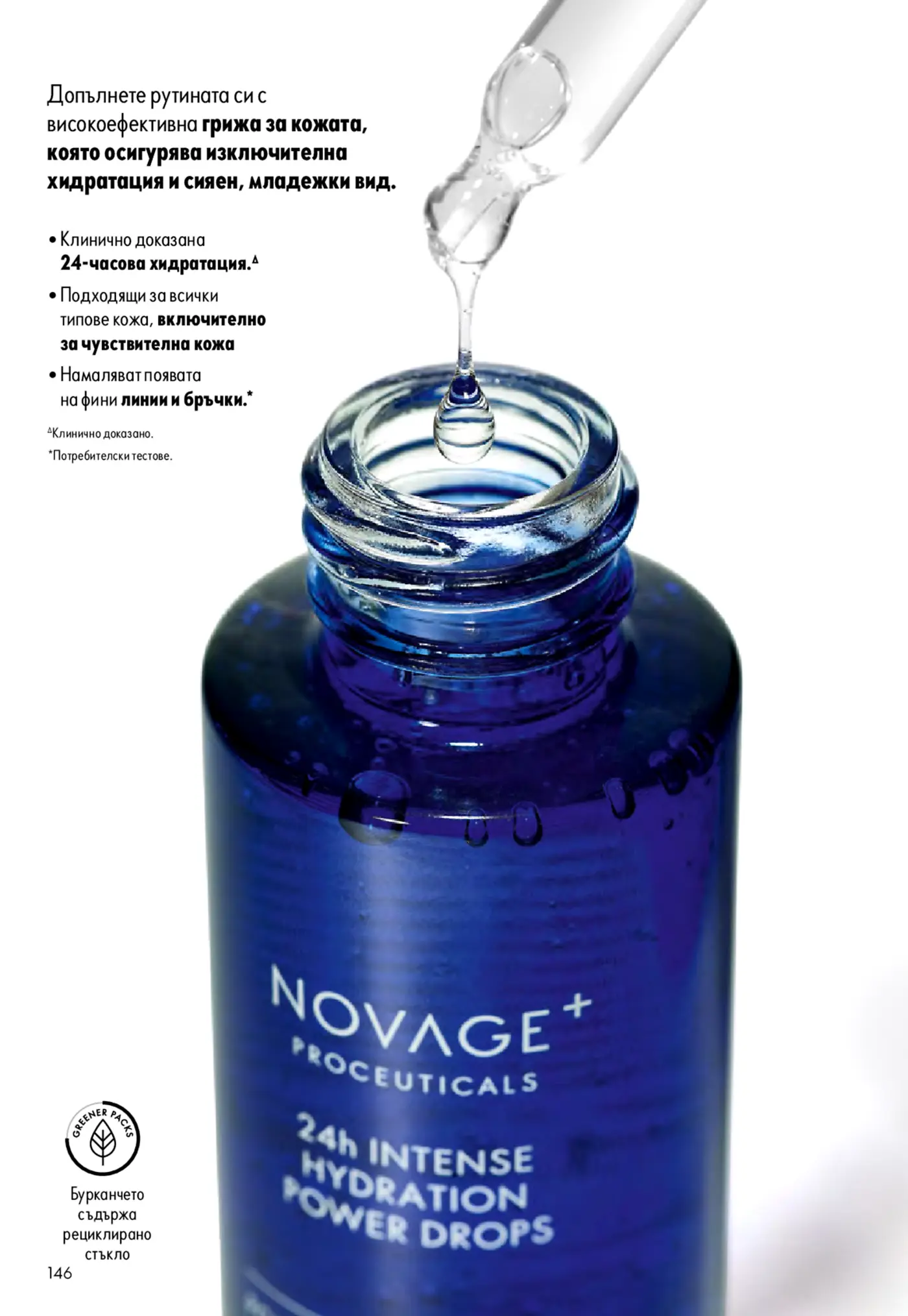 Страница от каталог с продукт за грижа за кожата Novage+ Proceuticals 24h Intense Hydration Power Drops