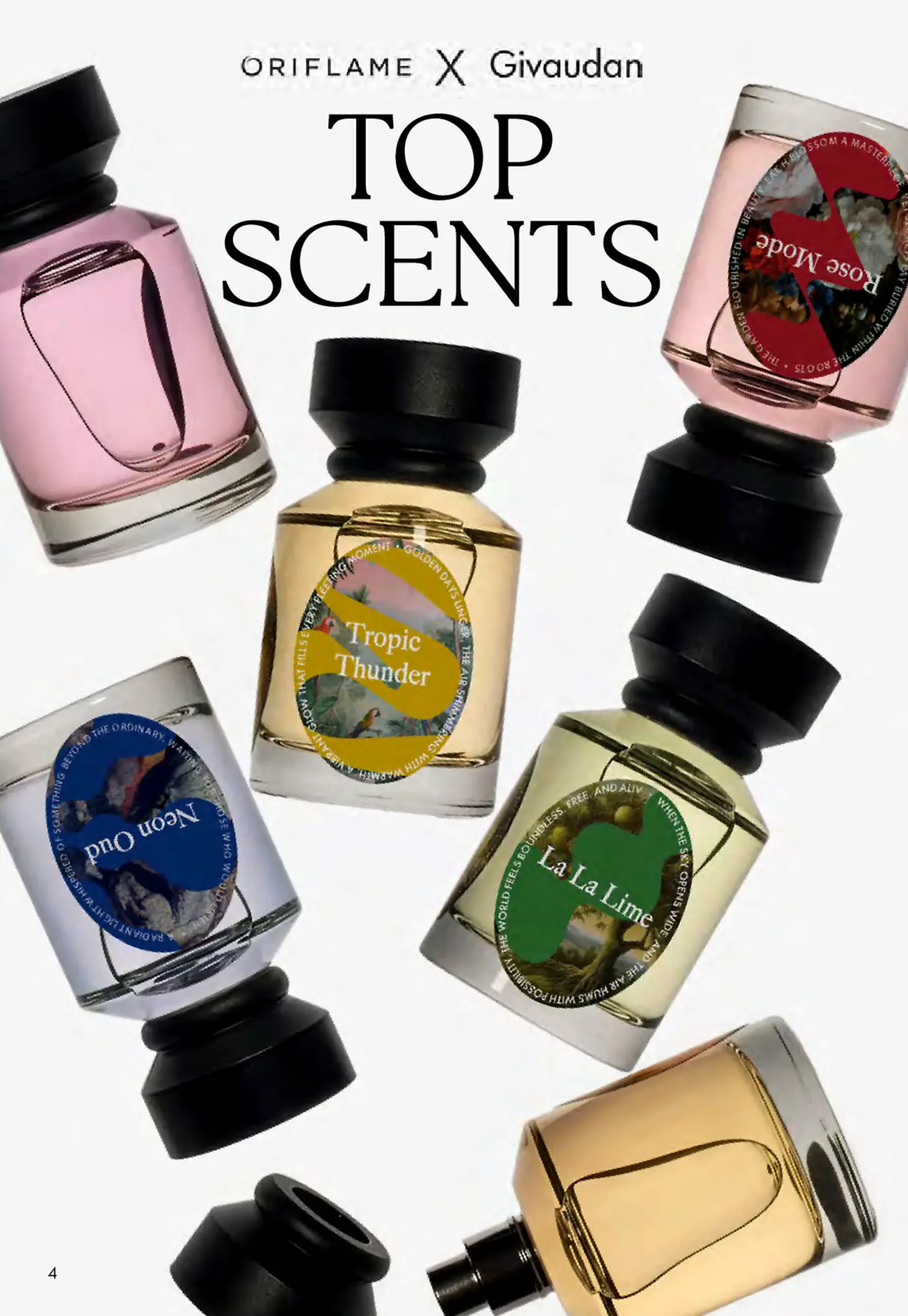 Страница от парфюмна брошура с надпис Top Scents и различни парфюми