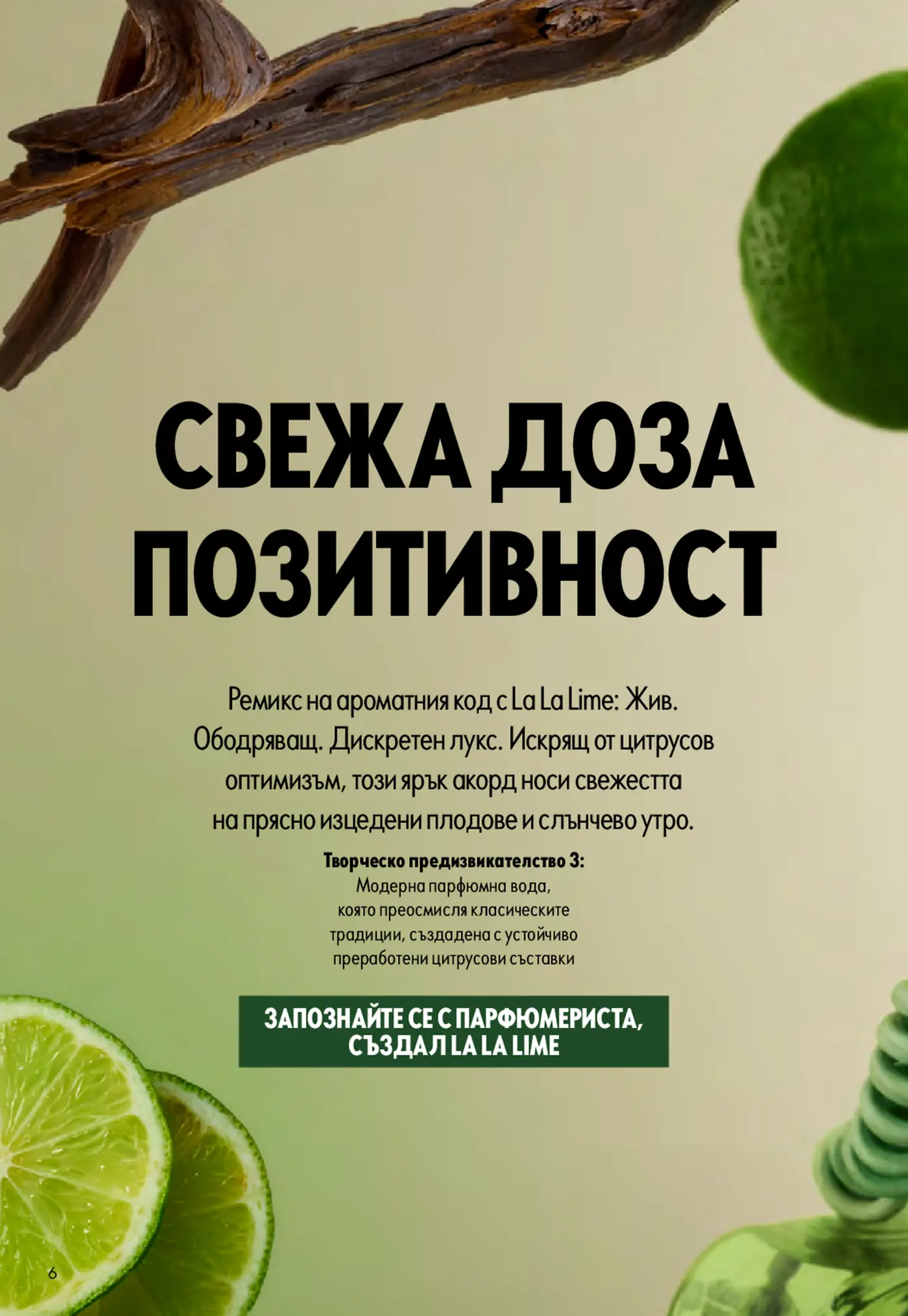 Страница от брошура с текст 'Свежа доза позитивност' и представяне на аромат La La Lime