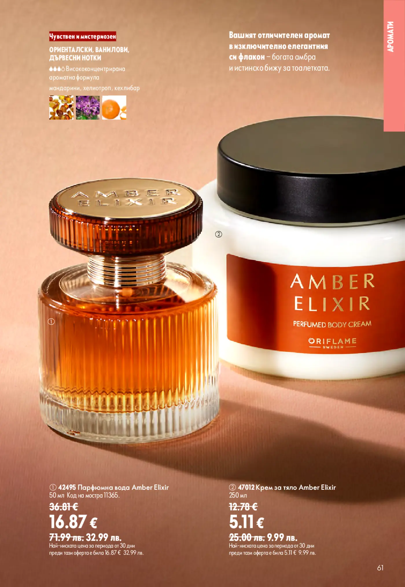 Страница от брошура с парфюмна вода и крем за тяло Amber Elixir