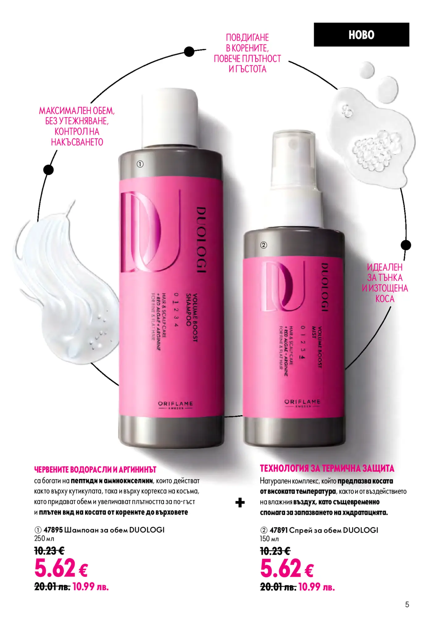 Страница от каталог на Oriflame с продукти за обем на косата DUOLOGI