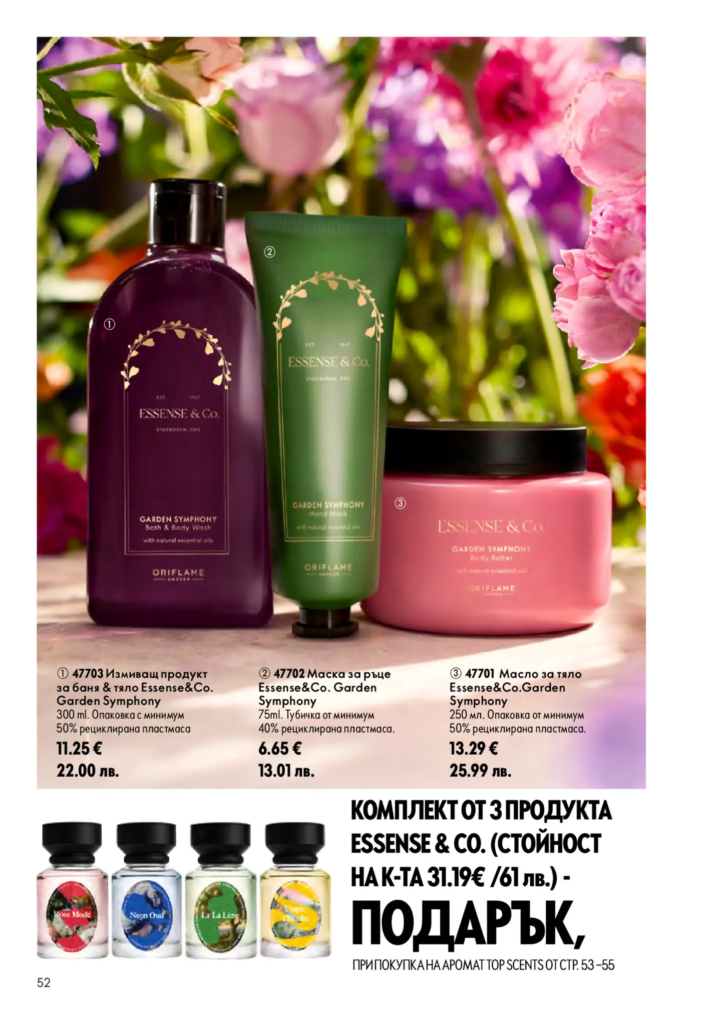 Страница от каталог на Oriflame с продукти за тяло Essense & Co. Garden Symphony