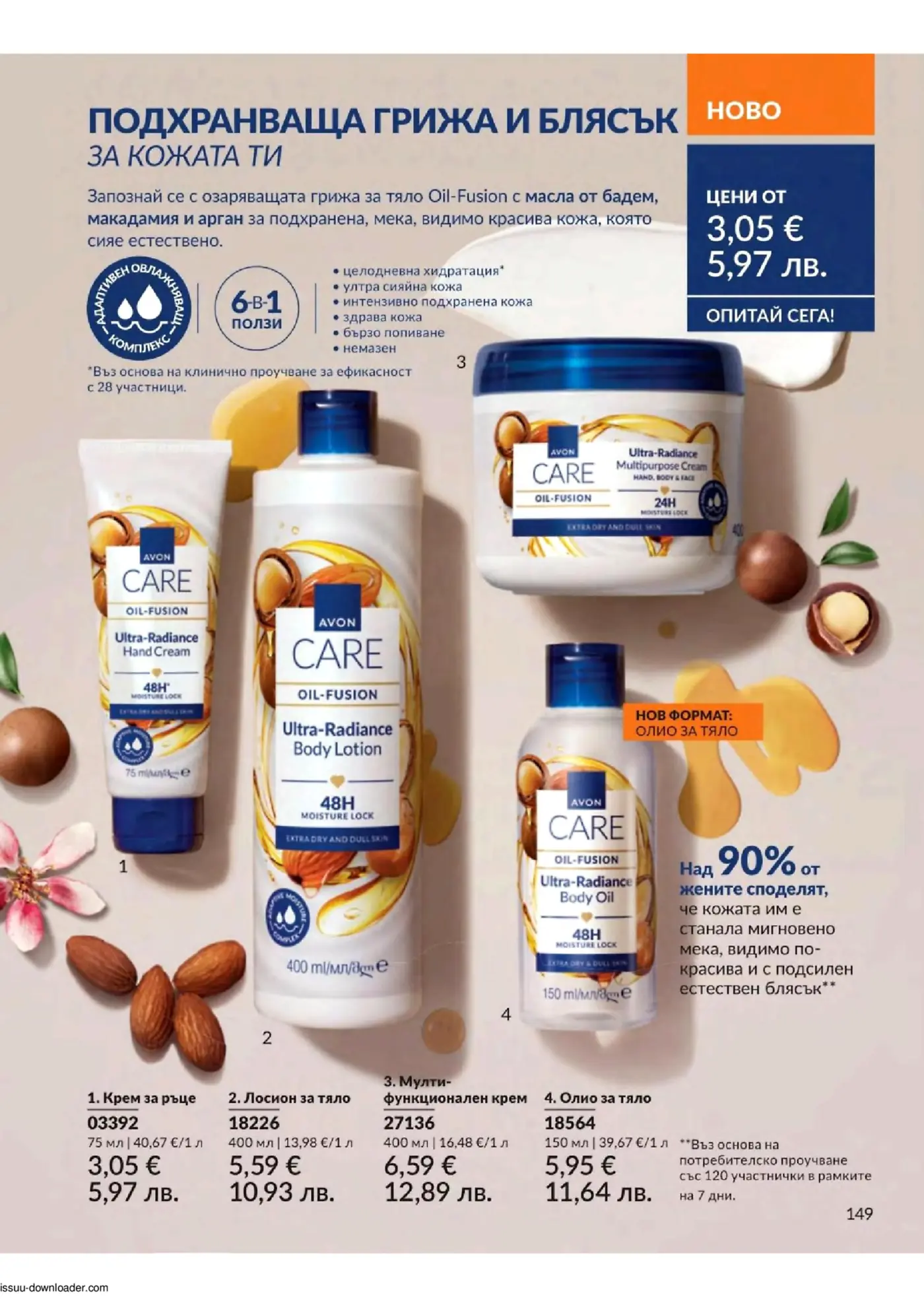 Страница от брошура на Avon с продукти за грижа за кожата Oil-Fusion с масла от бадем, макадамия и арга