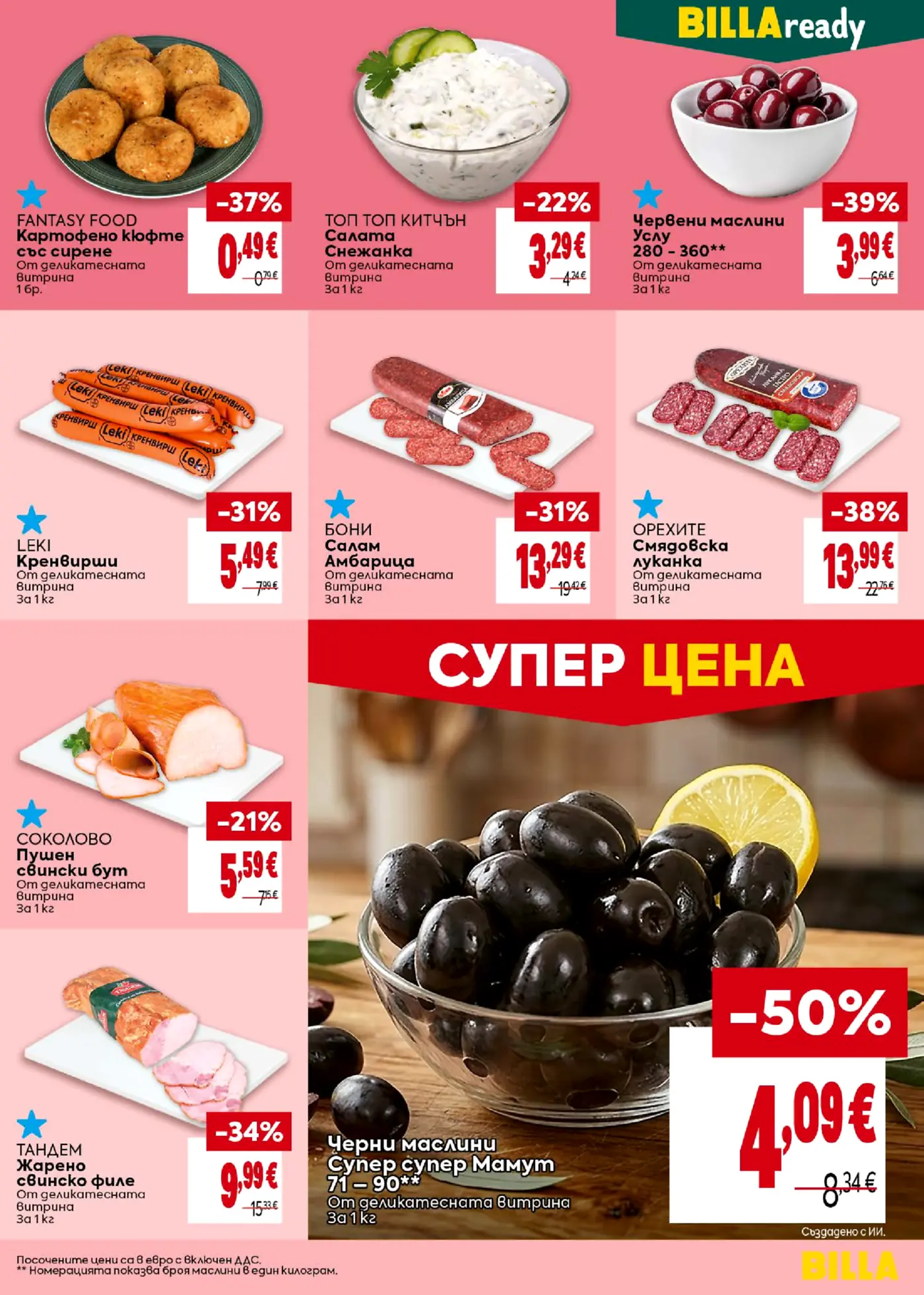 Страница от промоционална брошура Billa с готови храни, колбаси и маслини