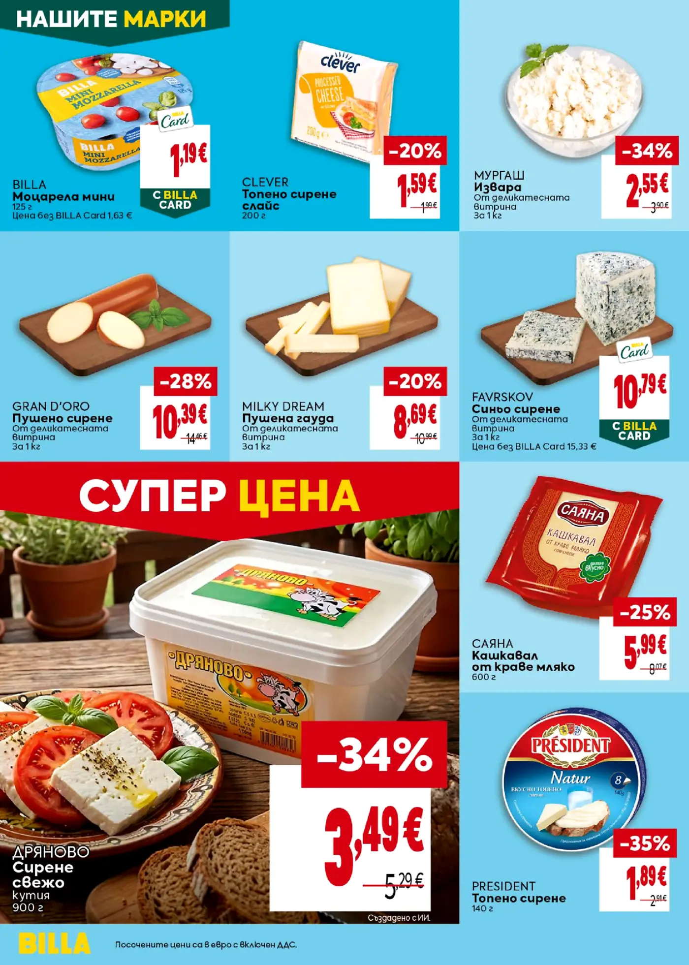Страница от промоционална брошура на Billa с млечни продукти, сирена и кашкавал