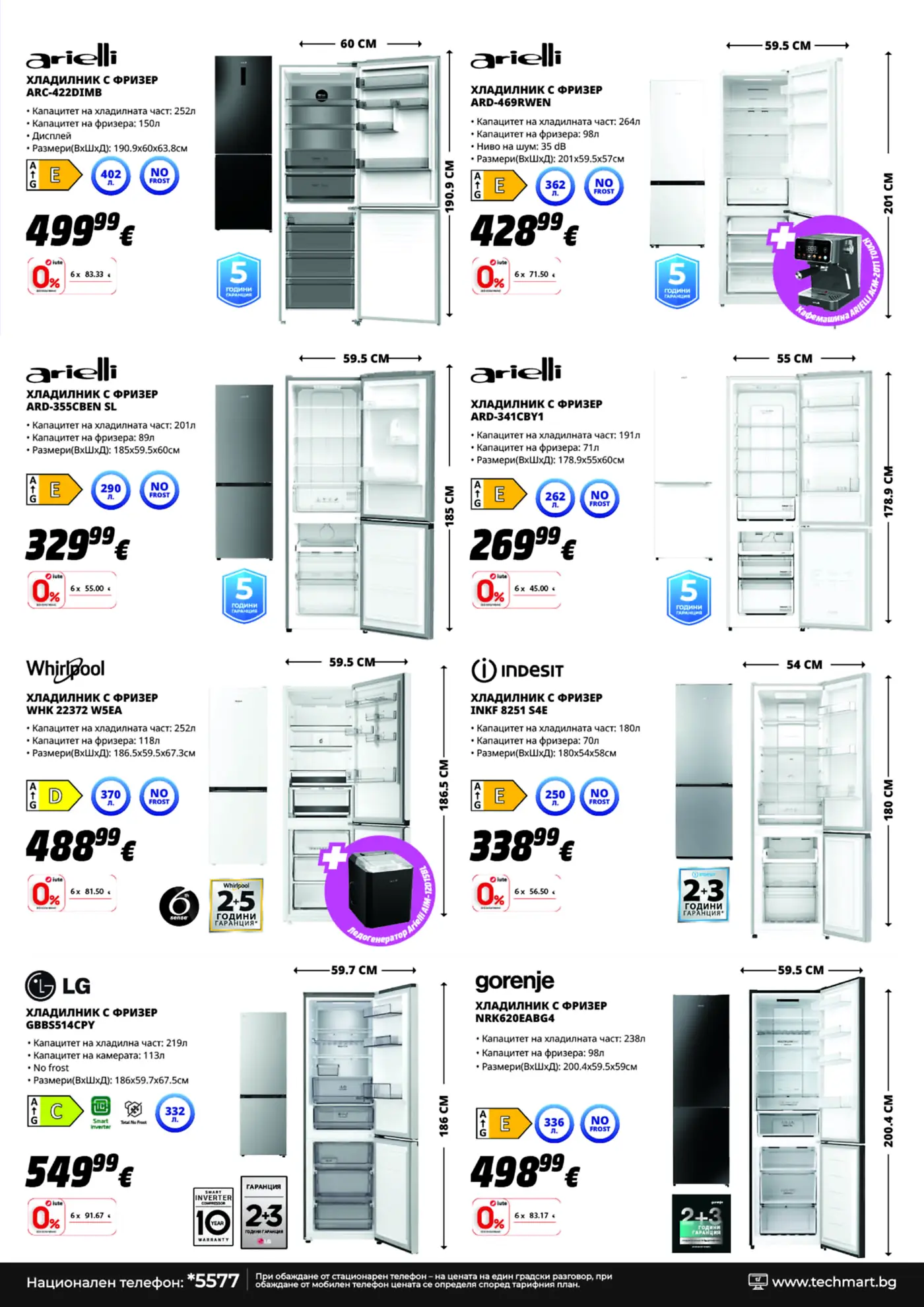 Страница с хладилници с фризер с марка Arielli, Whirlpool, Indesit, LG и Gorenje