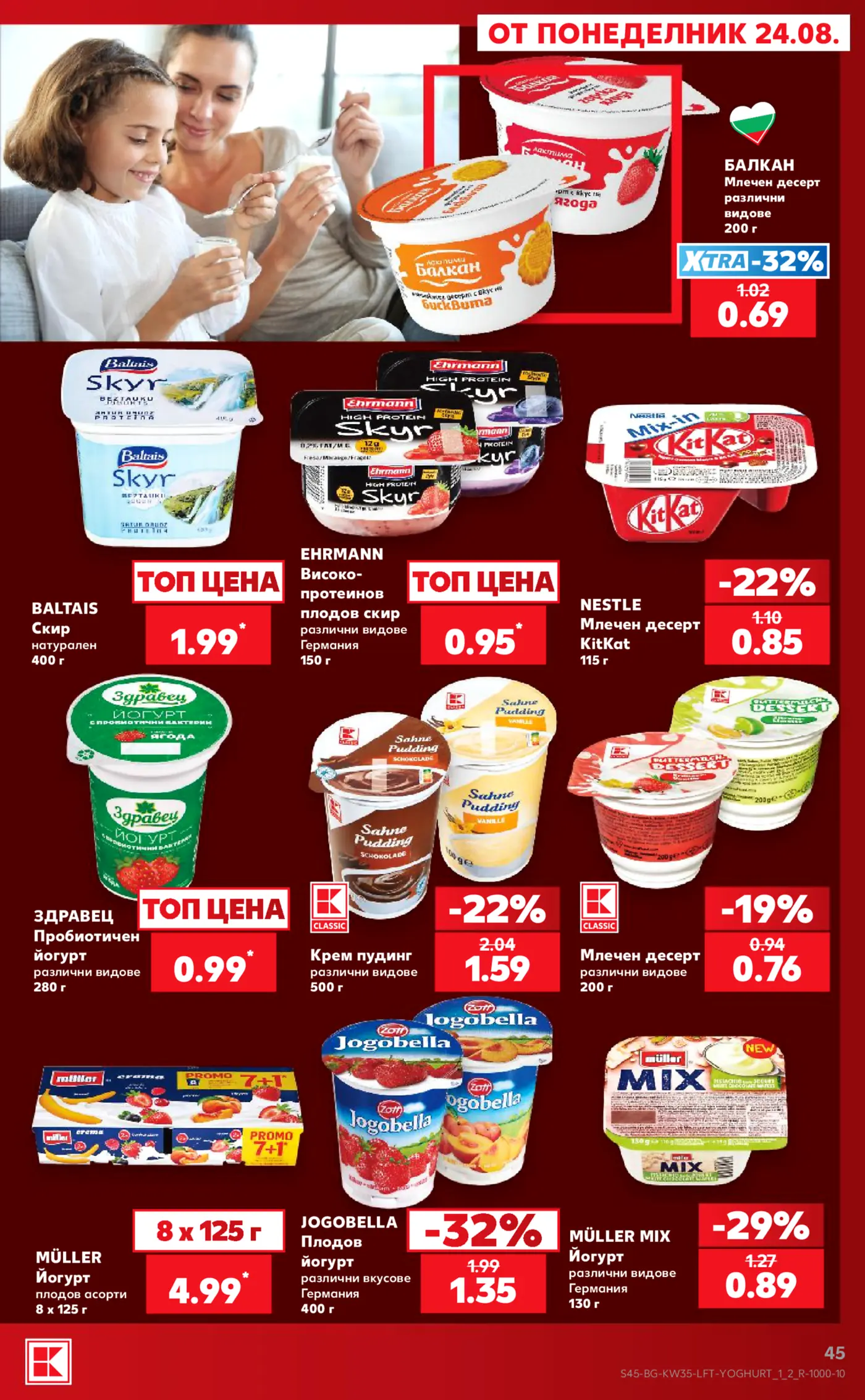 Страница от промоционална брошура с млечни продукти, кисели млека, пудинги и десерти