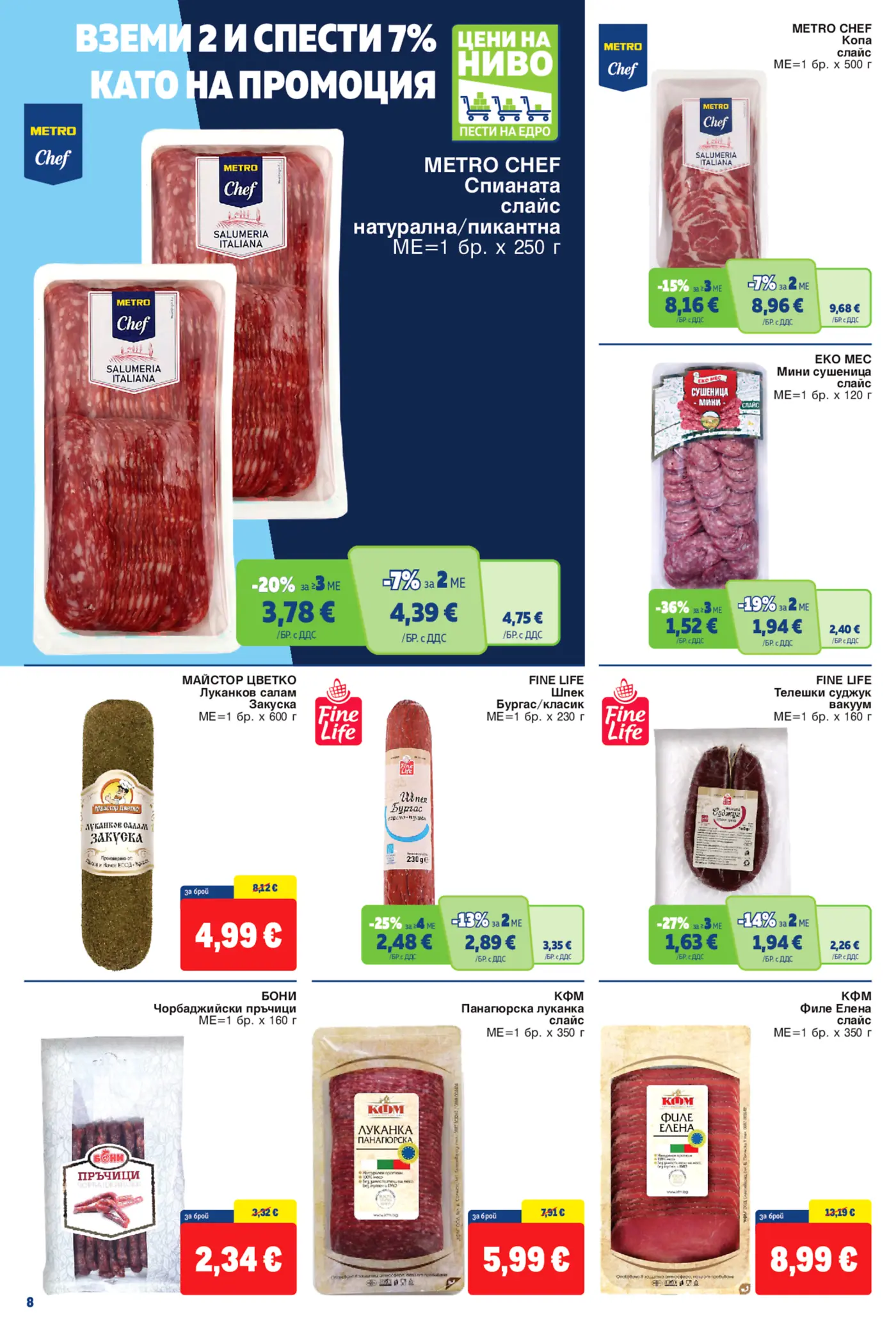 Страница от промоционална брошура на Метро с колбаси и месни продукти