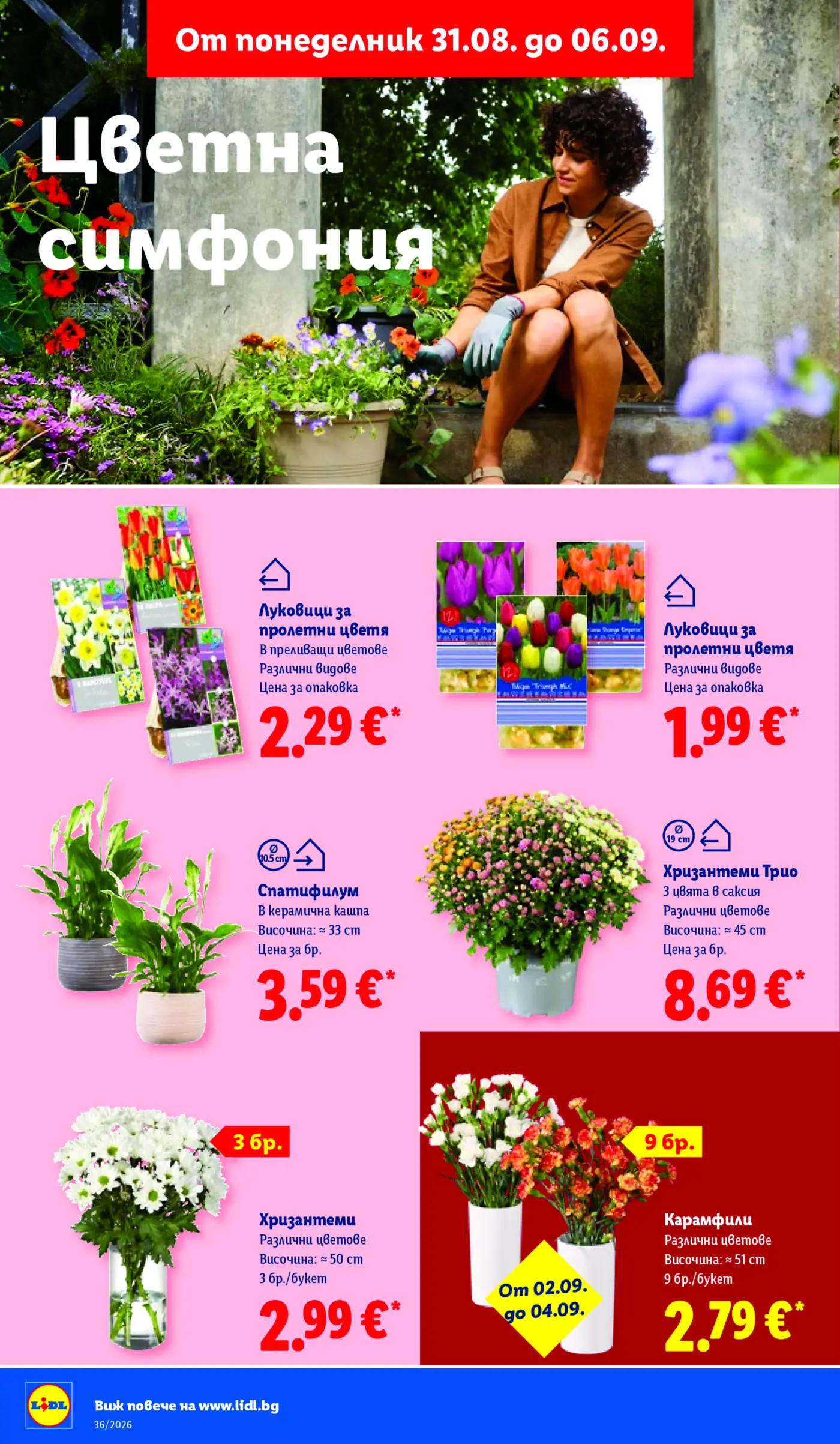 Страница от промоционална брошура на Lidl с цветя и растения