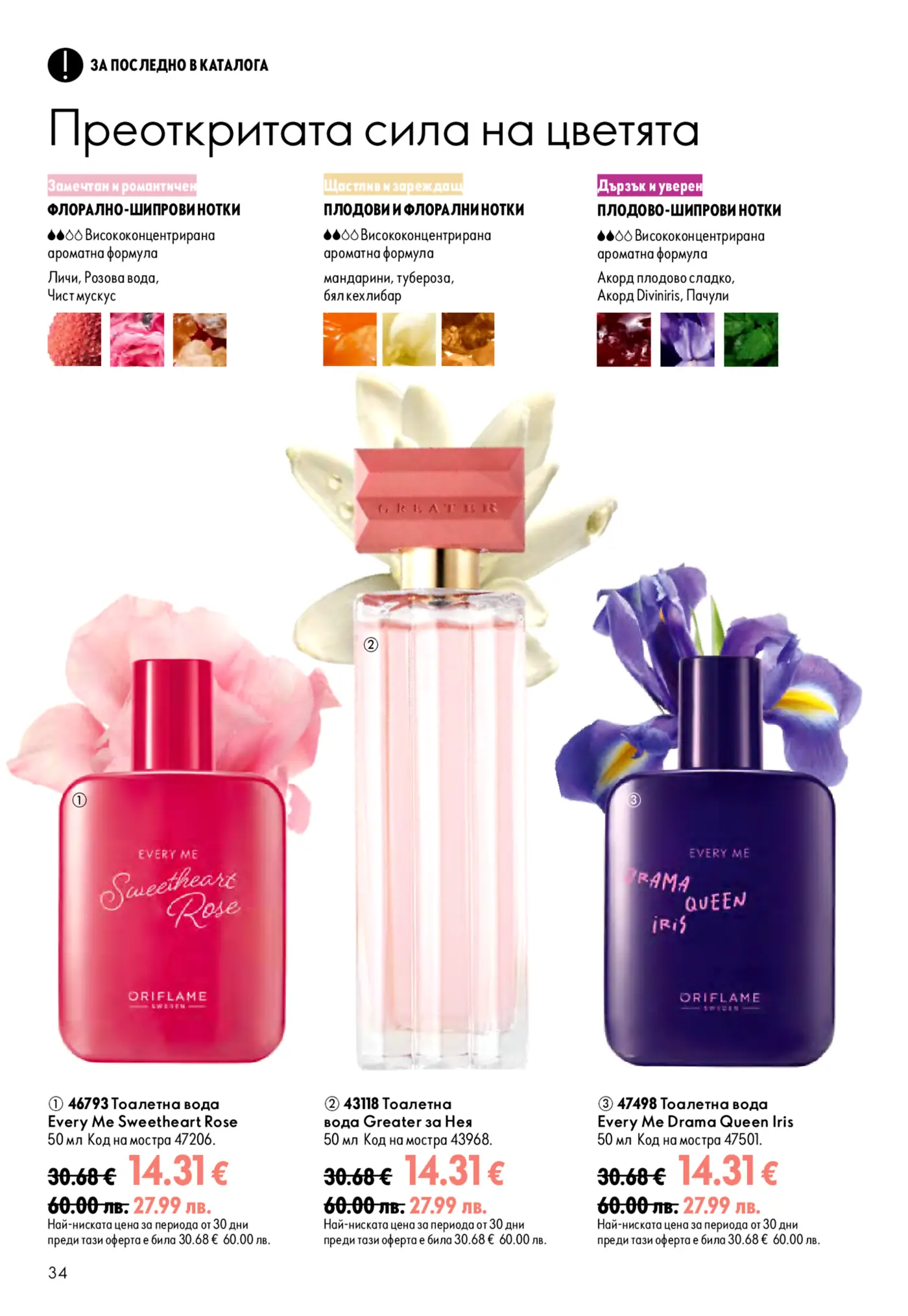 Страница от каталог на Oriflame с промоция на дамски парфюми и тоалетни води