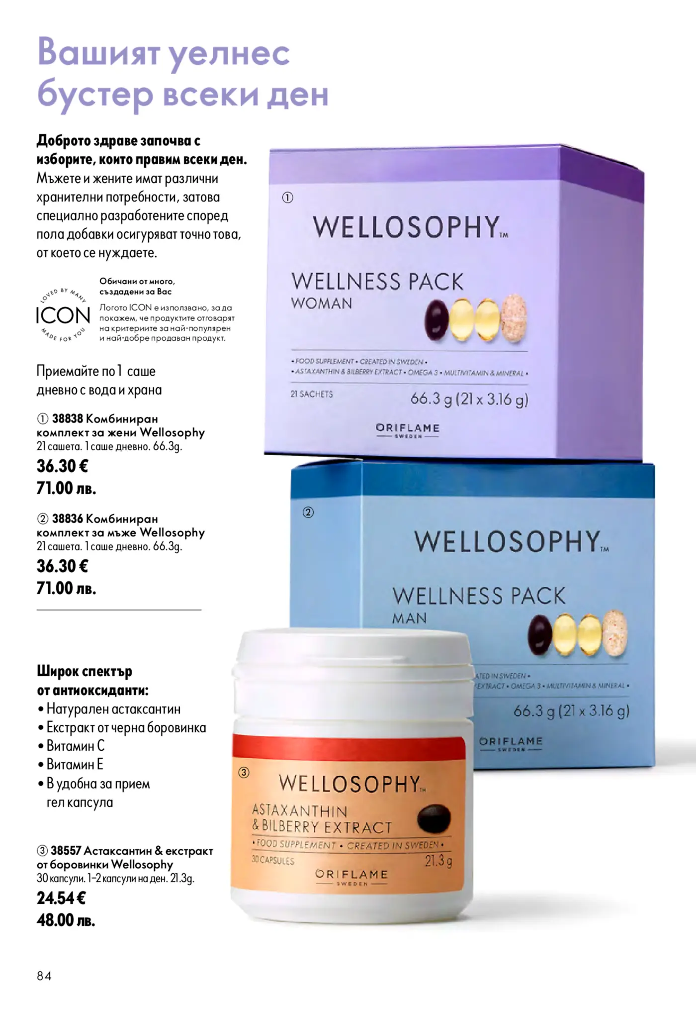 Страница от каталог на Oriflame с хранителни добавки Wellosophy Wellness Pack