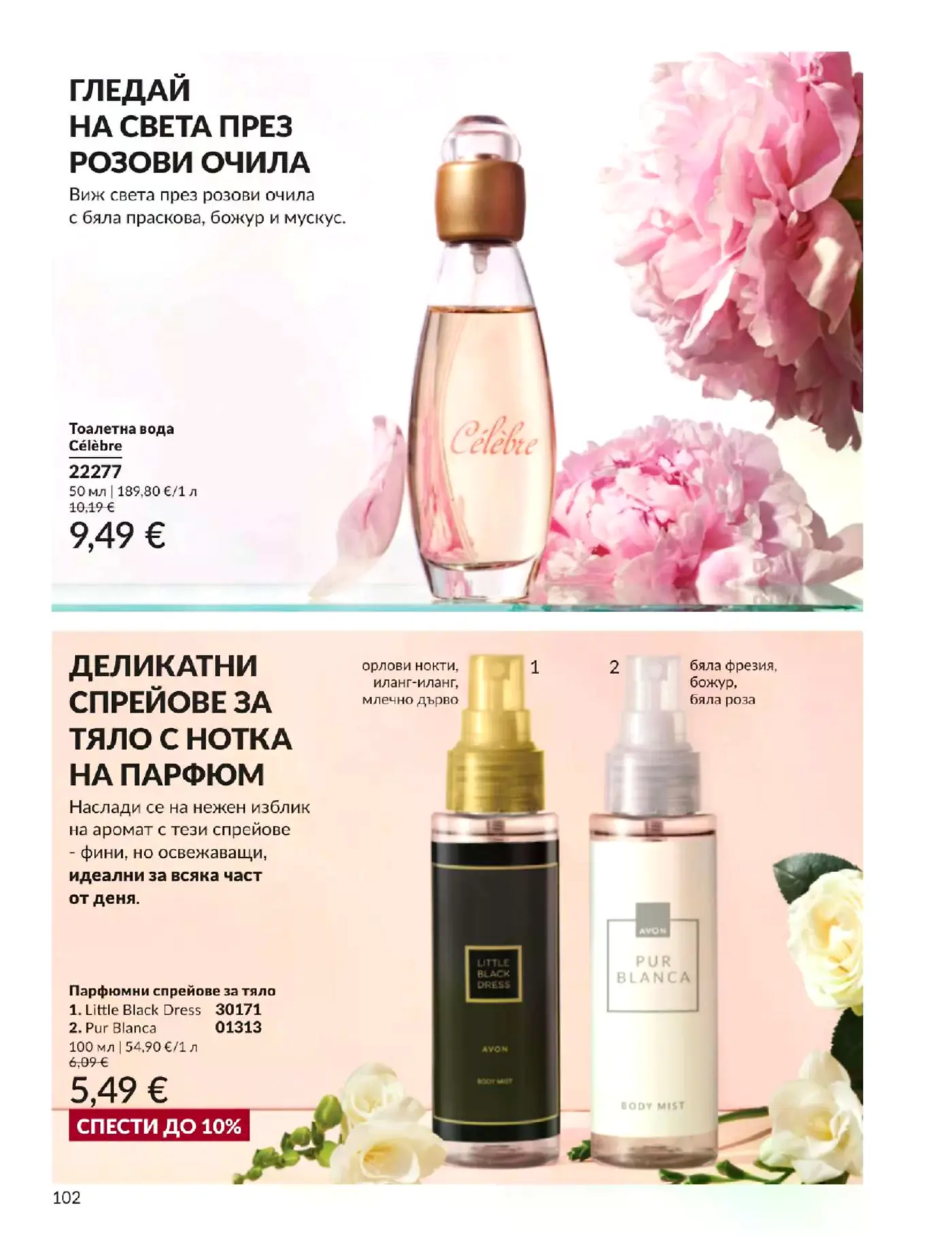 Страница от каталог Avon с парфюми и парфюмни спрейове за тяло