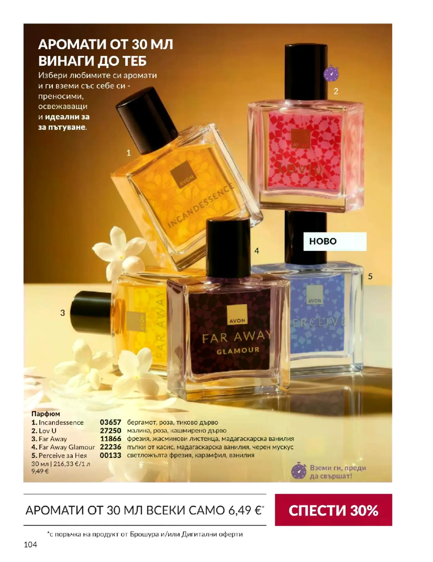 Страница от брошура на Avon с парфюми от 30 мл