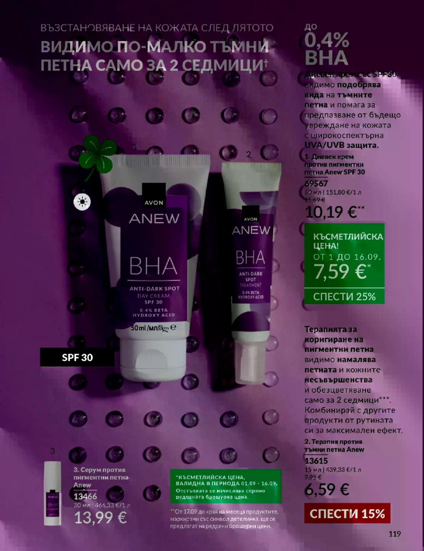 Страница от козметична брошура Avon с продукти от серията Anew с BHA за пигментни петна