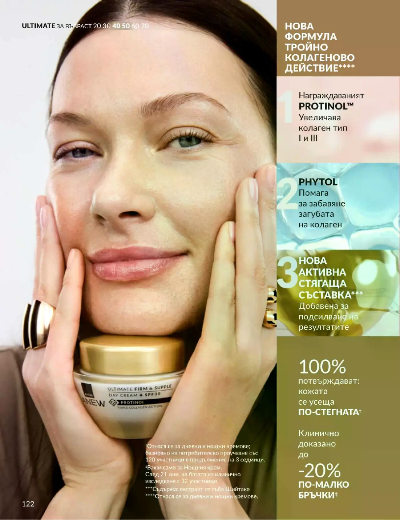 Страница от козметична брошура Avon Anew с информация за кремове против бръчки с Protinol