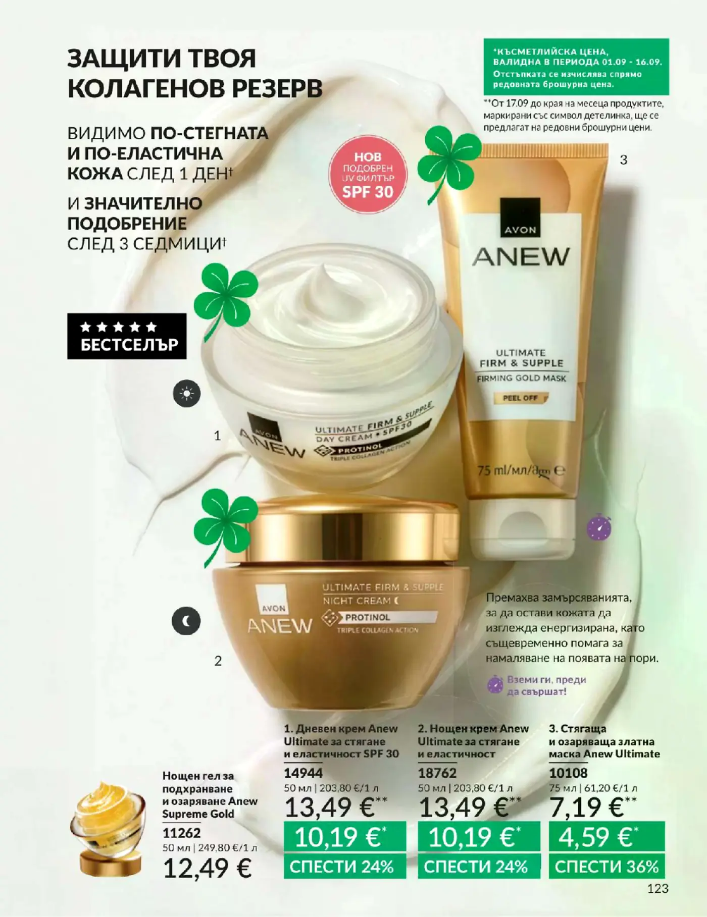 Страница с козметични продукти Avon Anew за стягане и еластичност на кожата
