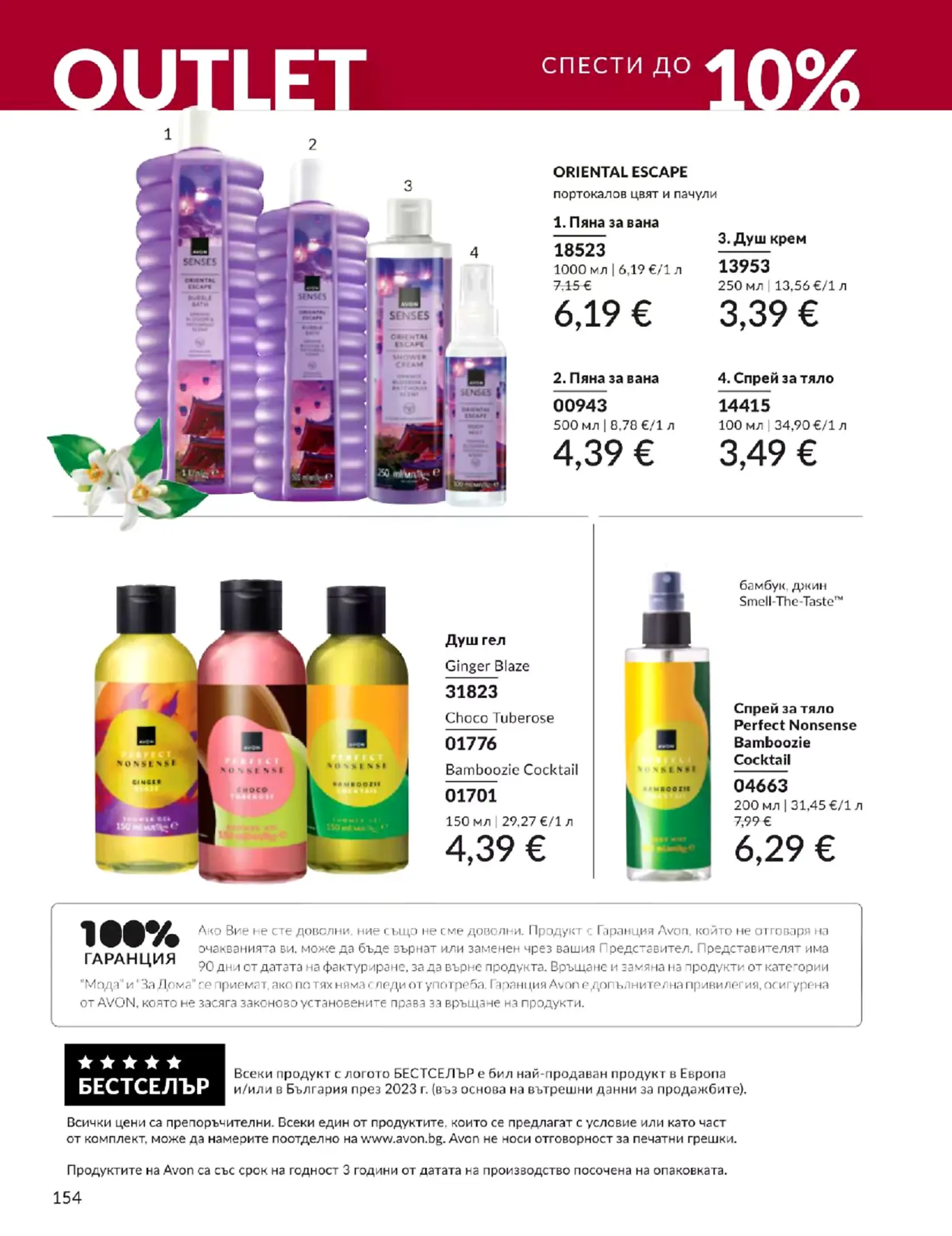 Страница от каталог Avon с оферти за душ гелове, пяни за вана и спрейове за тяло Oriental Escape и Perfect Nonsense