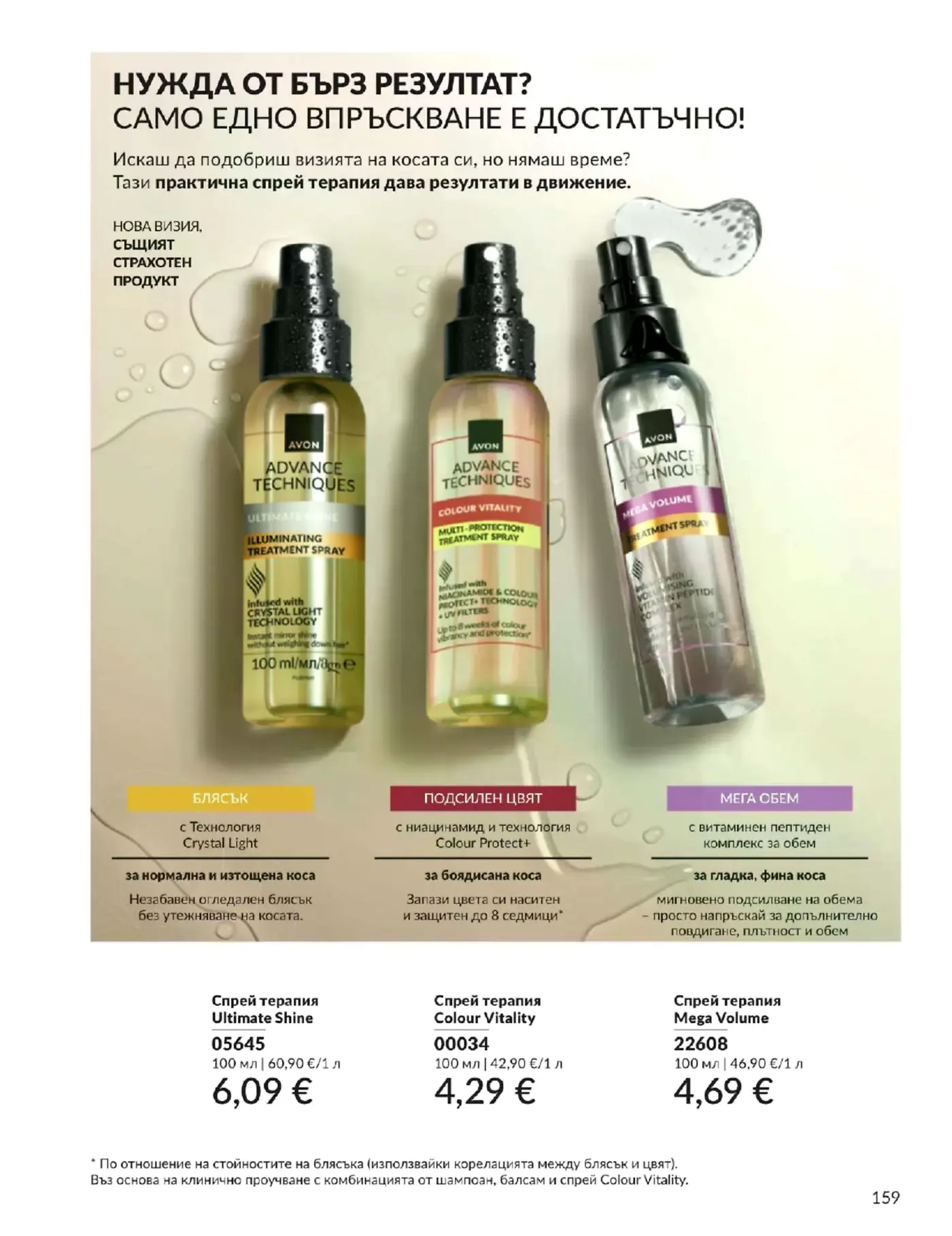 Страница от каталог Avon с предложения за спрей терапии за коса