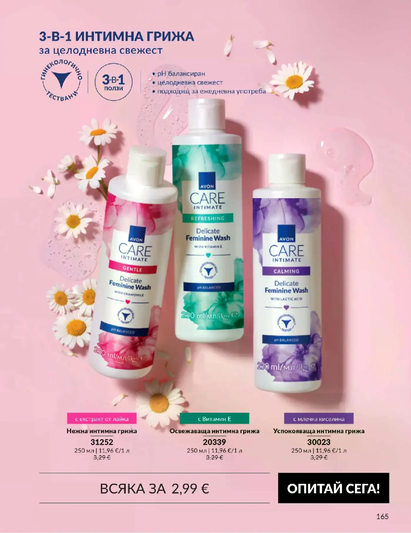 Страница от брошура на Avon с продукти за интимна грижа