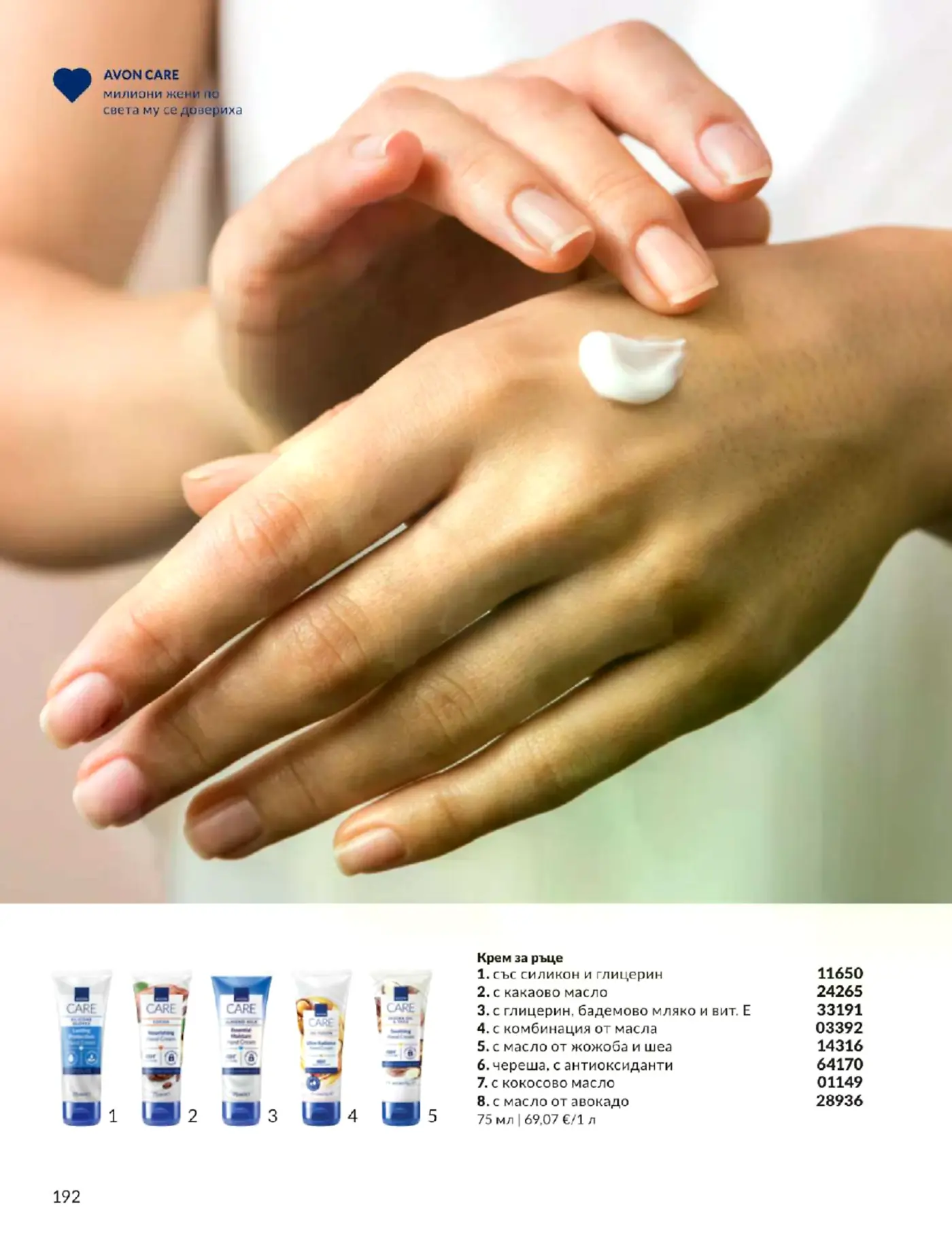Страница от каталог Avon Care с кремове за ръце