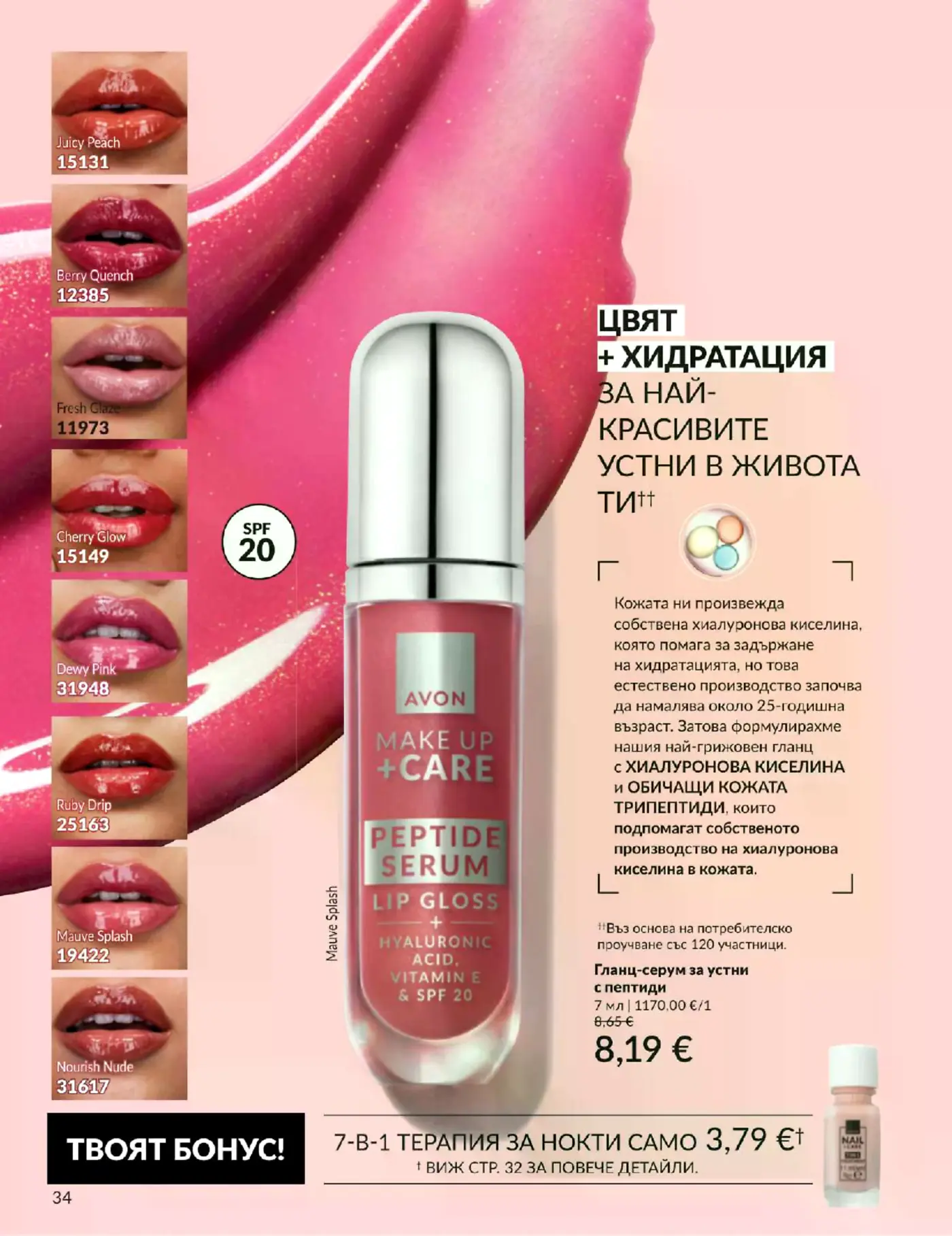 Страница от каталог на Avon с гланц-серум за устни с пептиди и терапия за нокти