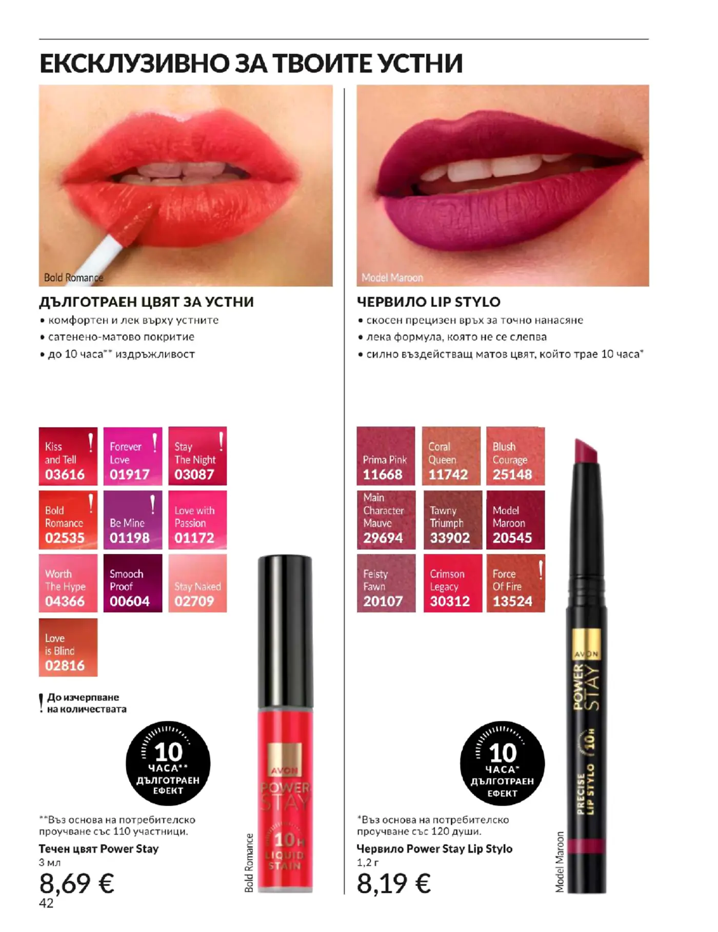 Страница от каталог на Avon с продукти за устни Power Stay