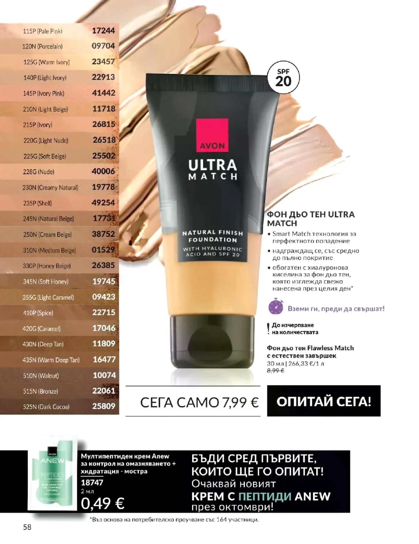 Страница от каталог Avon с фон дьо тен Ultra Match и крем Anew