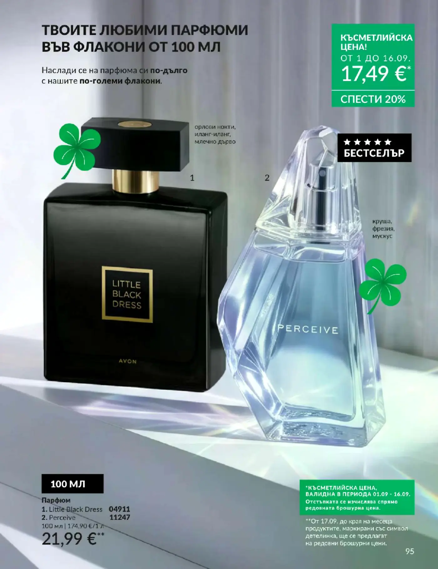 Страница от брошура с парфюми Avon в разфасовки от 100 мл
