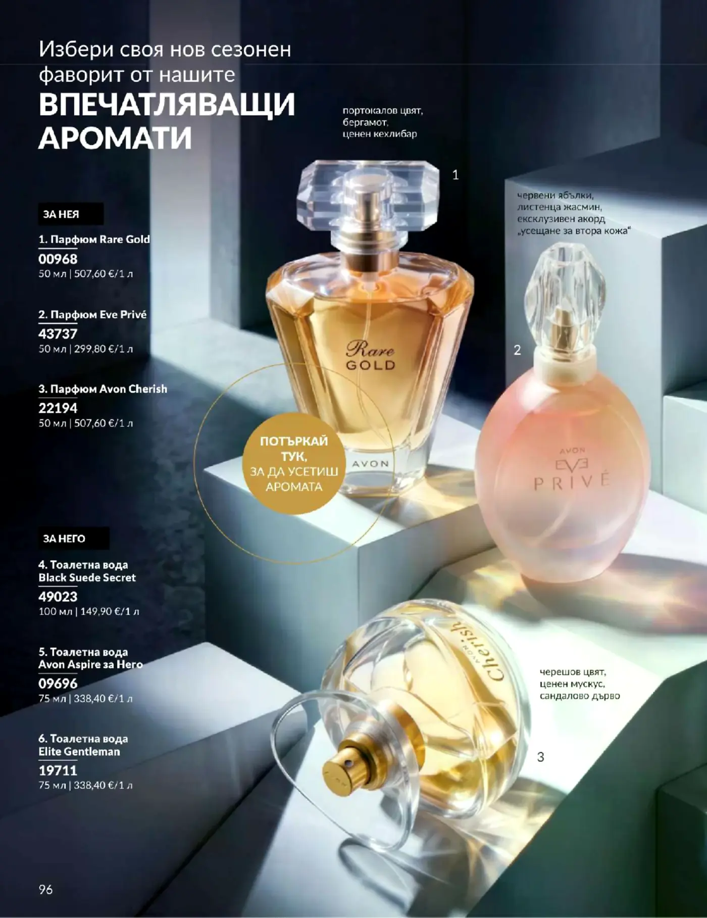 Страница от брошура с дамски и мъжки парфюми и тоалетни води Avon