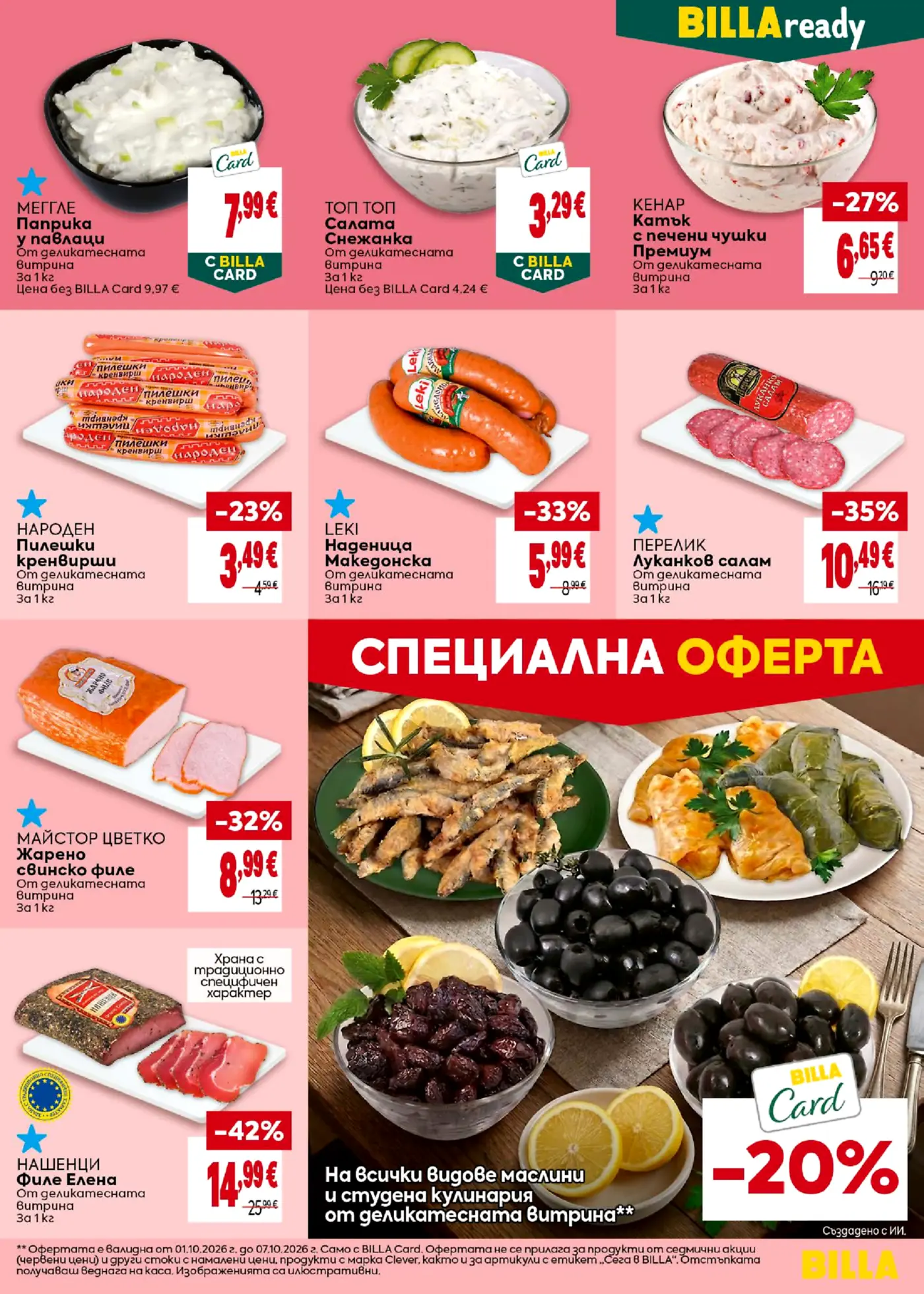 Страница от промоционална брошура на Billa с деликатеси и колбаси