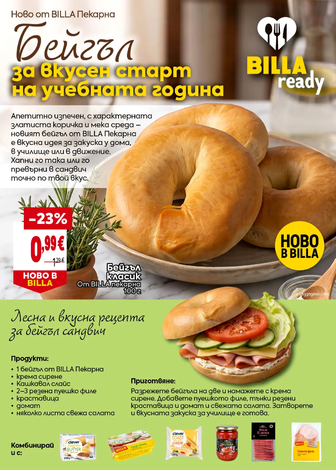 Страница от брошура на Billa за нови бейгъли от Billa Пекарна