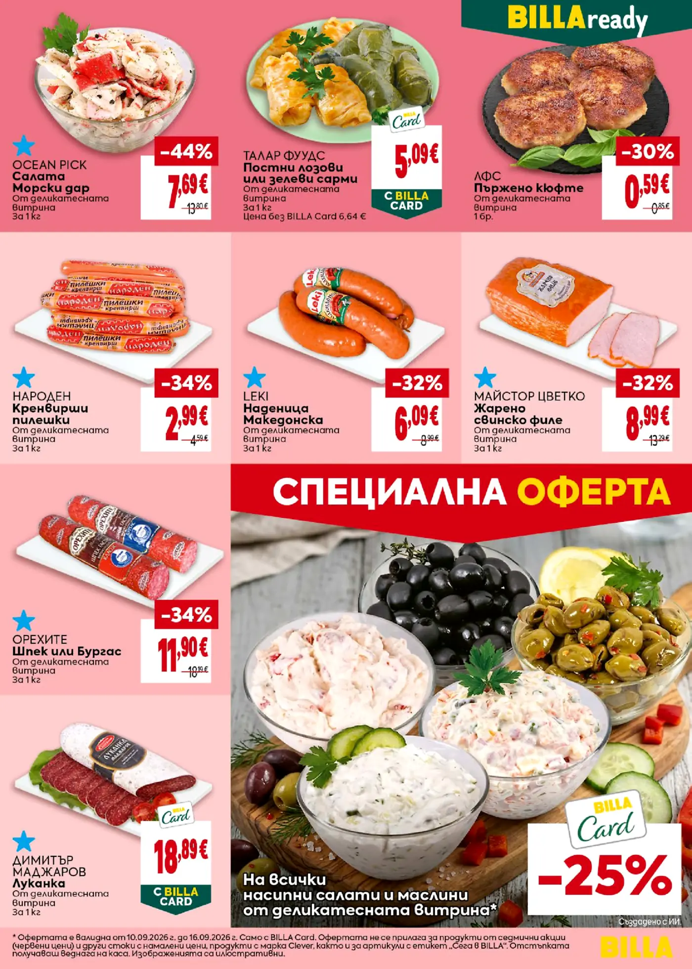 Страница от промоционална брошура на Billa с готови ястия, колбаси, салати и маслини