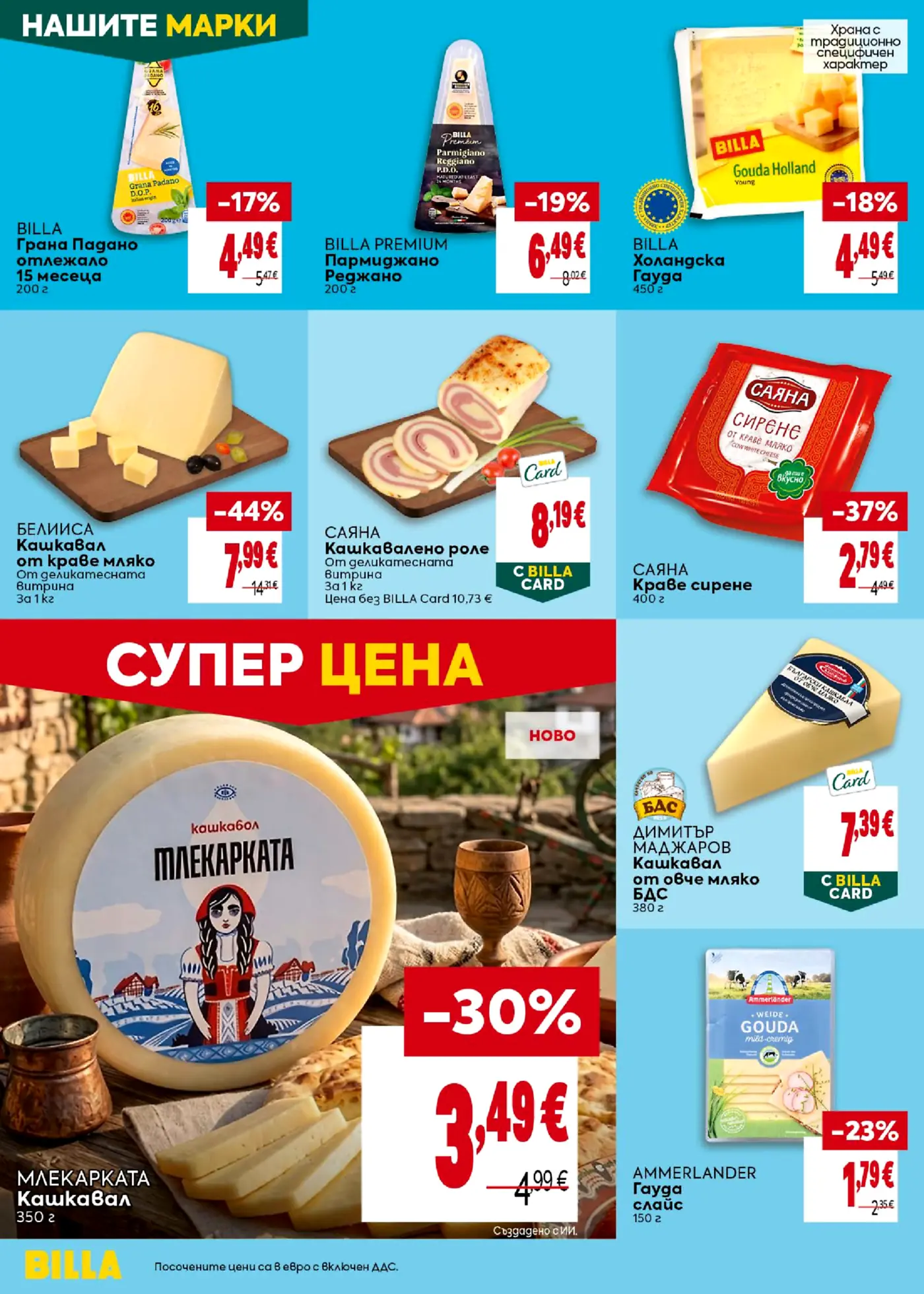 Страница от промоционална брошура на BILLA с млечни продукти и сирена